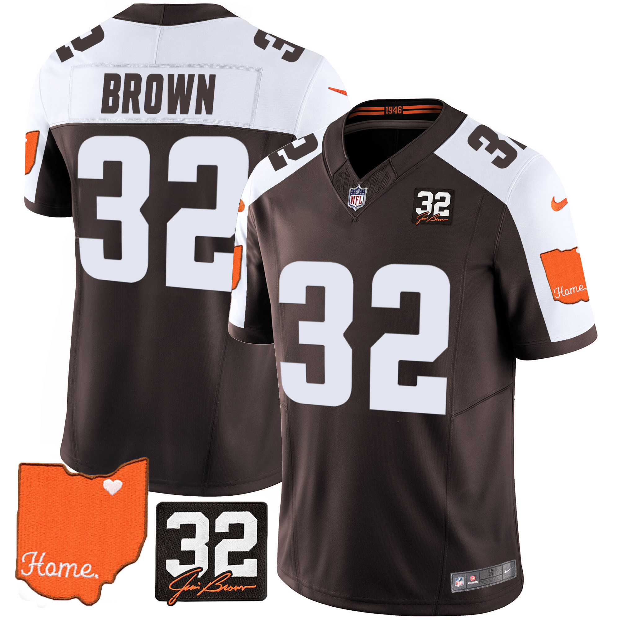 Jim Brown Men's Cleveland Browns #32 Jim Brown Memorial & Home Patch Alternate Jersey - All Stitched