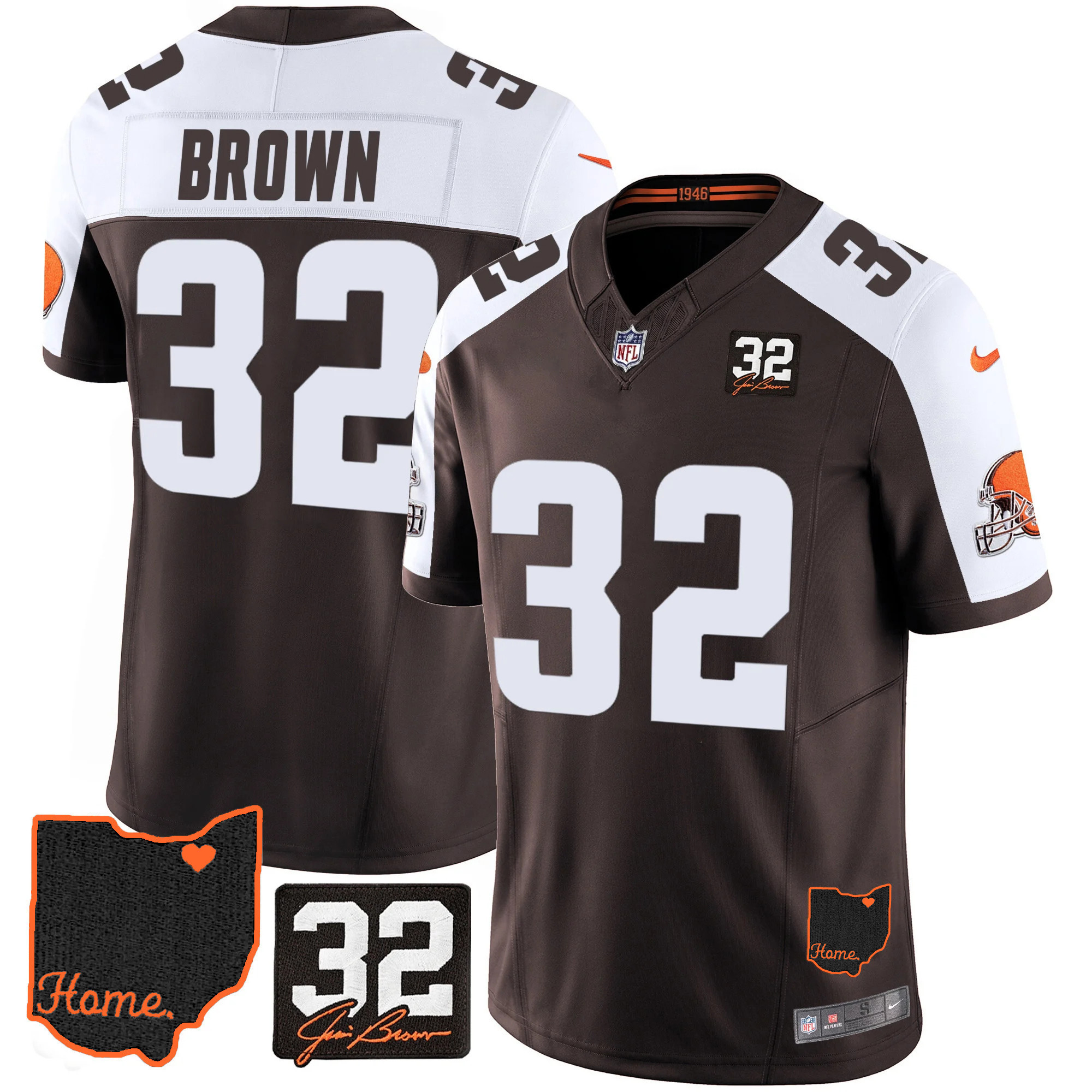 Jim Brown Men's Cleveland Browns #32 Jim Brown Memorial & Home Patch Alternate Jersey - All Stitched