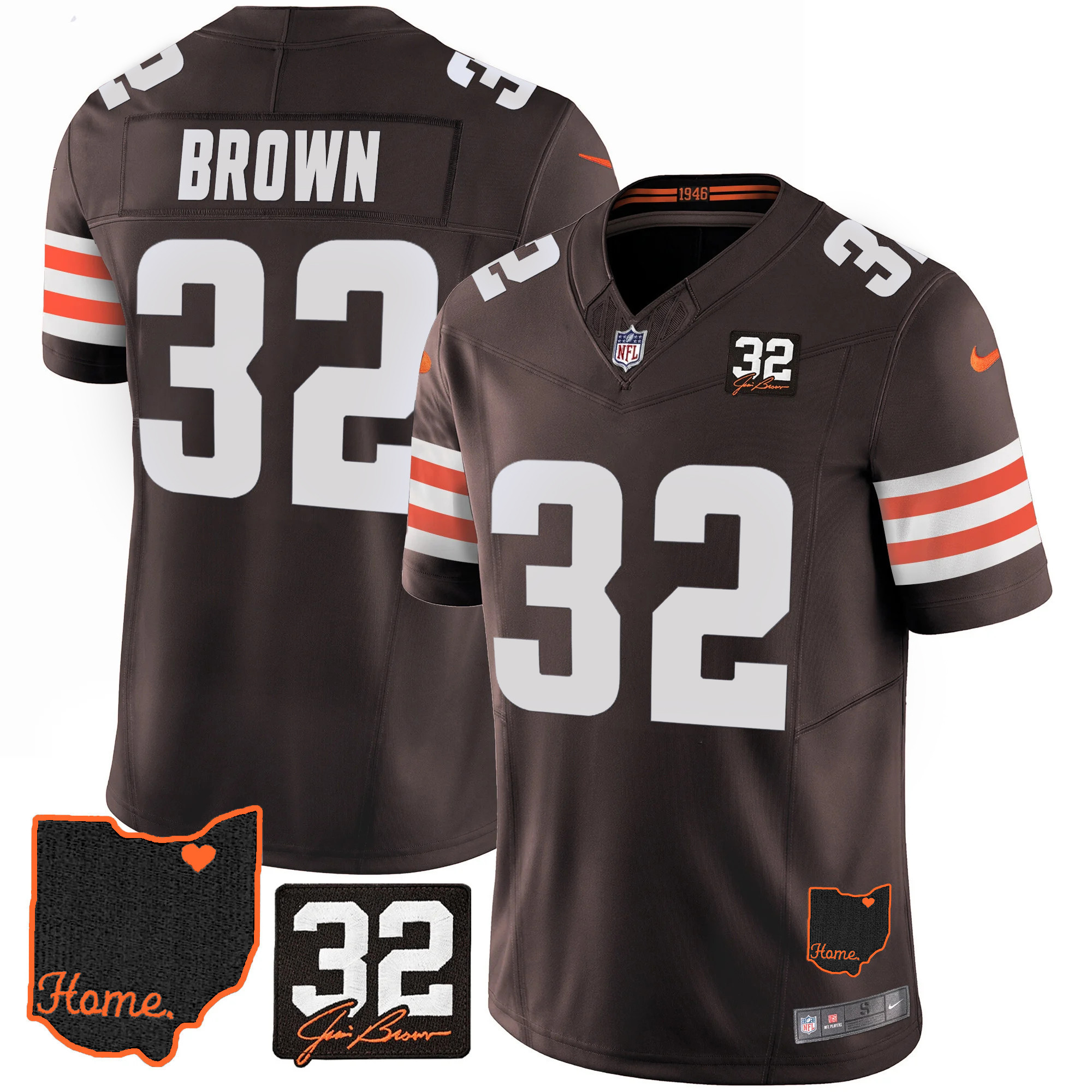 Jim Brown Men's Cleveland Browns #32 Jim Brown Memorial & Home Patch Brown Jersey - All Stitched