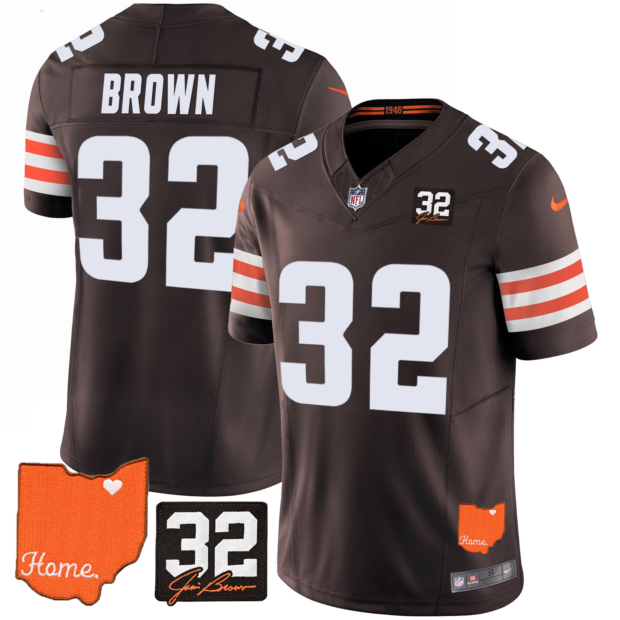 Jim Brown Men's Cleveland Browns #32 Jim Brown Memorial & Home Patch Brown Jersey - All Stitched