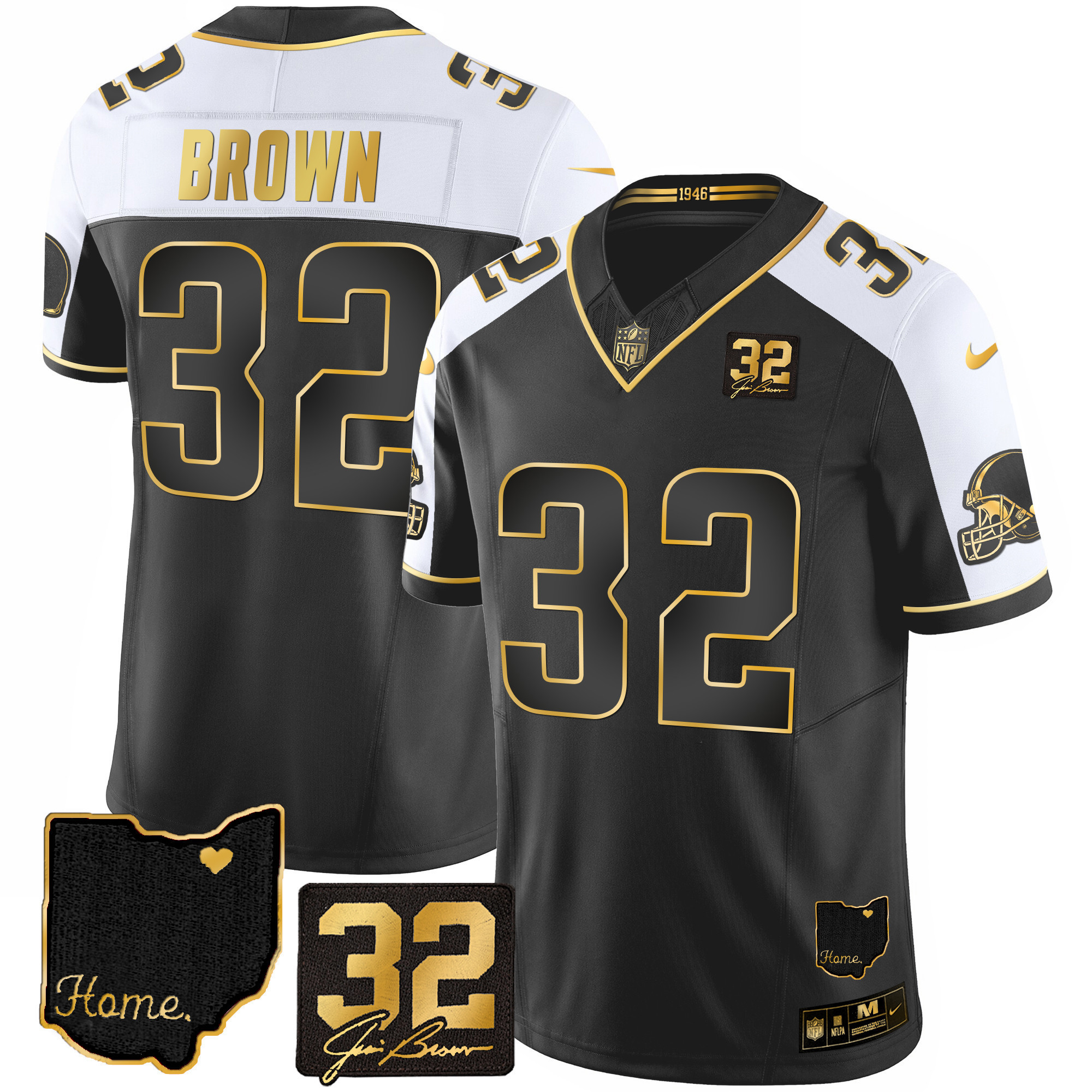 Jim Brown Men's Cleveland Browns #32 Jim Brown Memorial & Home Patch Gold Alternate Jersey - All Stitched