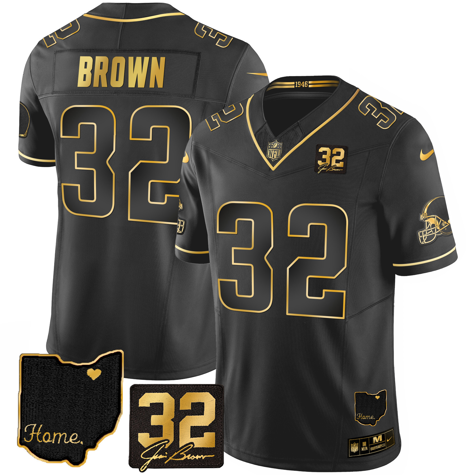 Jim Brown Men's Cleveland Browns #32 Jim Brown Memorial & Home Patch Gold Black Gold Jersey - All Stitched