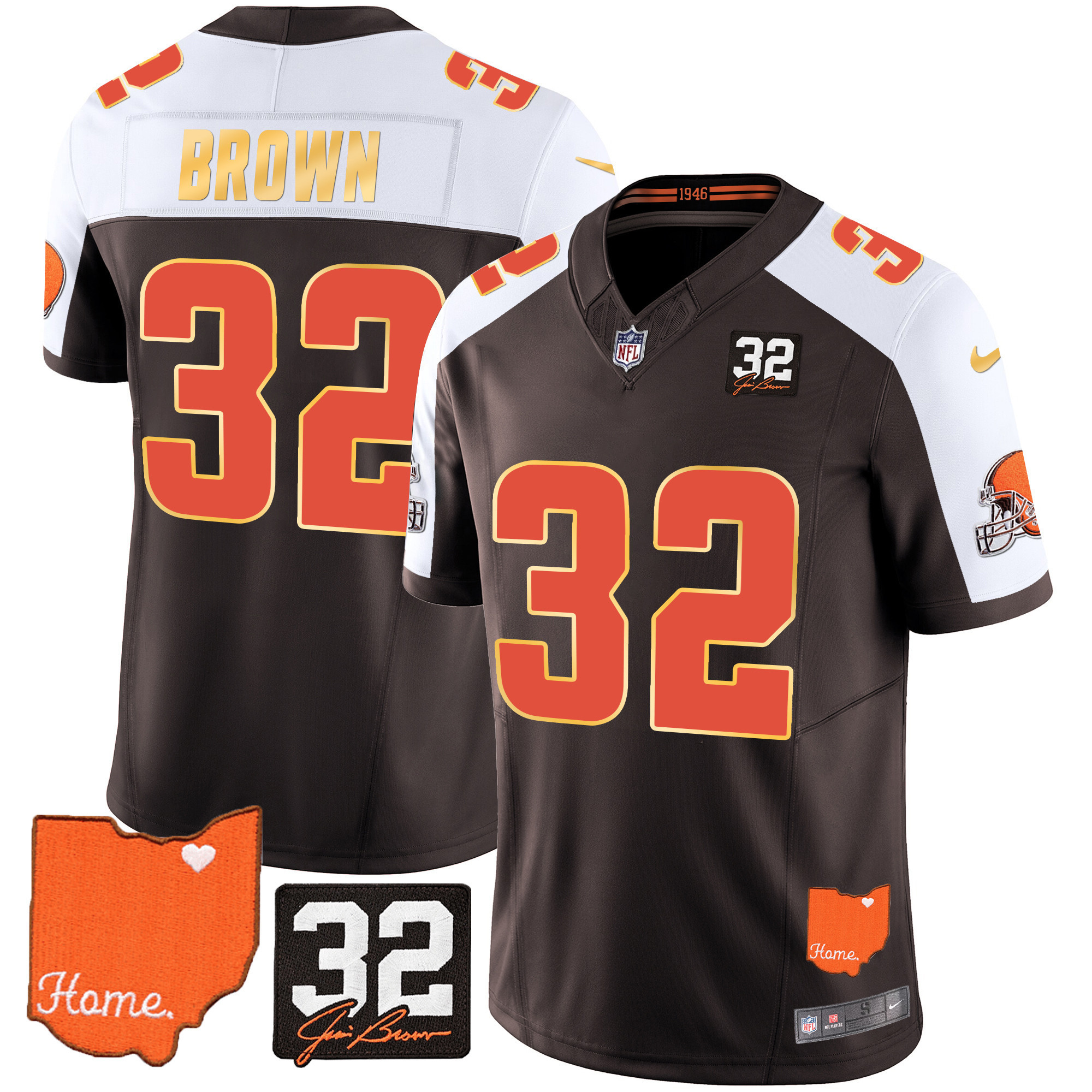 Jim Brown Men's Cleveland Browns #32 Jim Brown Memorial & Home Patch Gold Trim Alternate Jersey - All Stitched