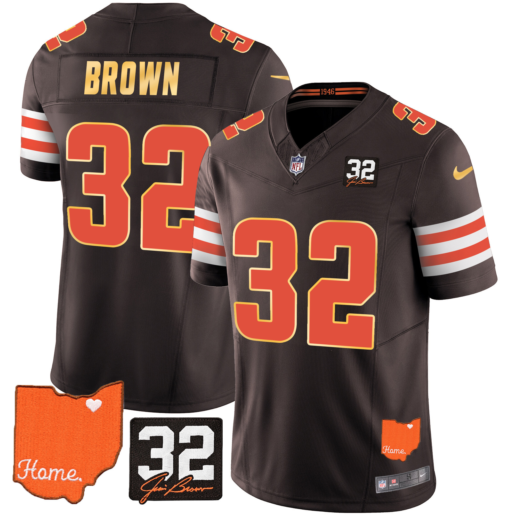 Jim Brown Men's Cleveland Browns #32 Jim Brown Memorial & Home Patch Gold Trim Brown Jersey - All Stitched