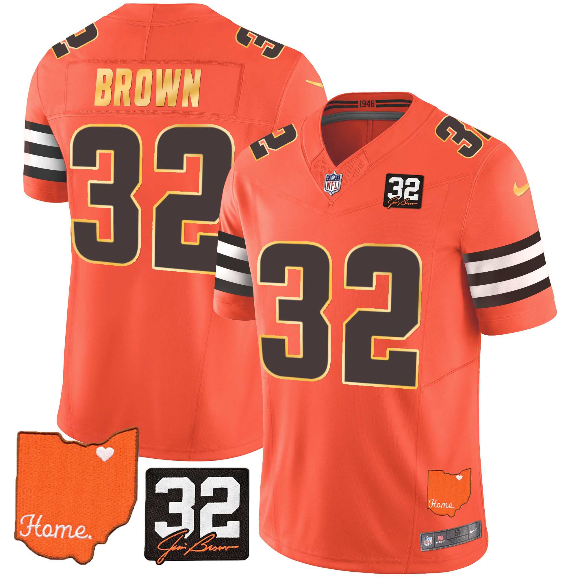 Jim Brown Men's Cleveland Browns #32 Jim Brown Memorial & Home Patch Gold Trim Orange Jersey - All Stitched