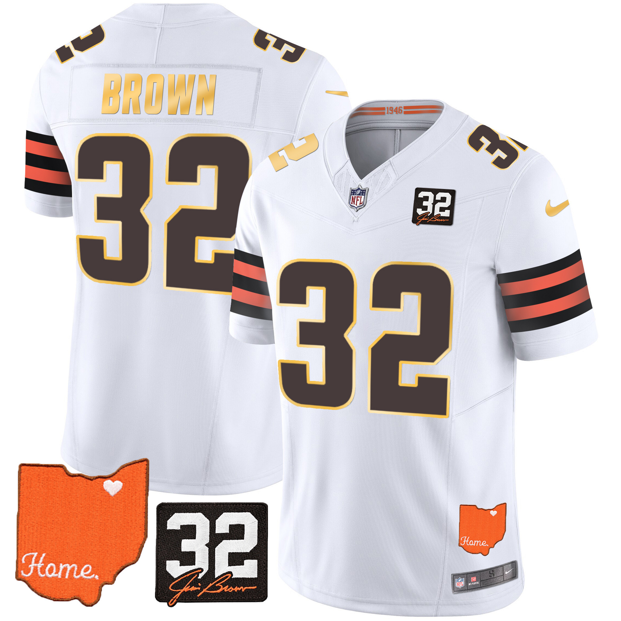 Jim Brown Men's Cleveland Browns #32 Jim Brown Memorial & Home Patch Gold Trim White Jersey - All Stitched