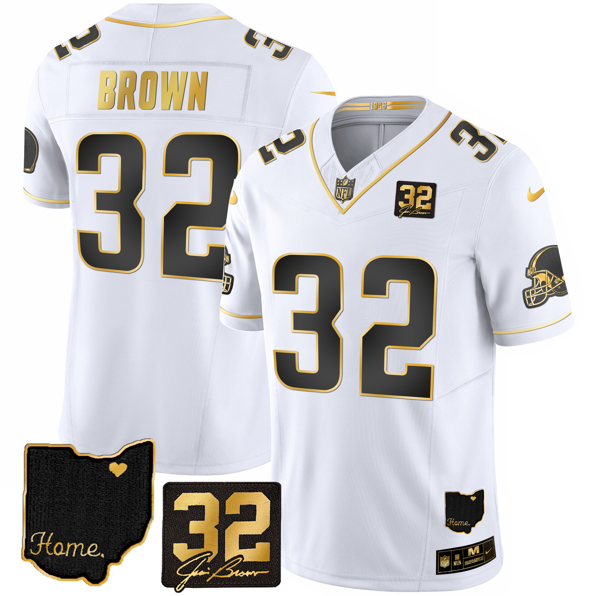 Jim Brown Men's Cleveland Browns #32 Jim Brown Memorial & Home Patch Gold White Gold Jersey - All Stitched