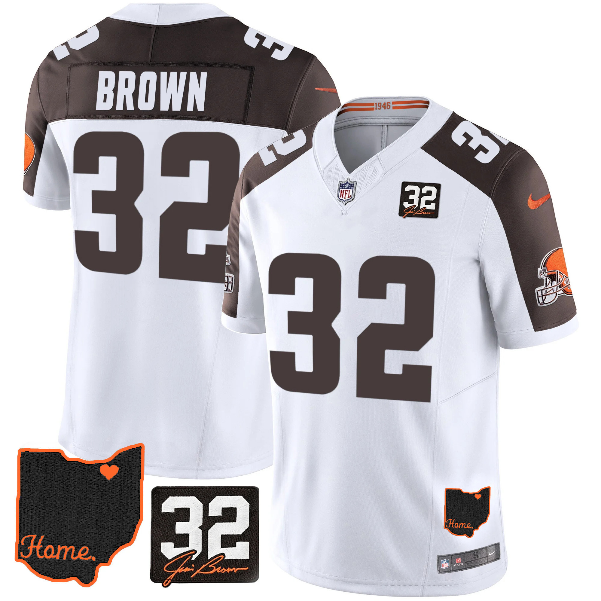 Jim Brown Men's Cleveland Browns #32 Jim Brown Memorial & Home Patch Inverted Jersey - All Stitched