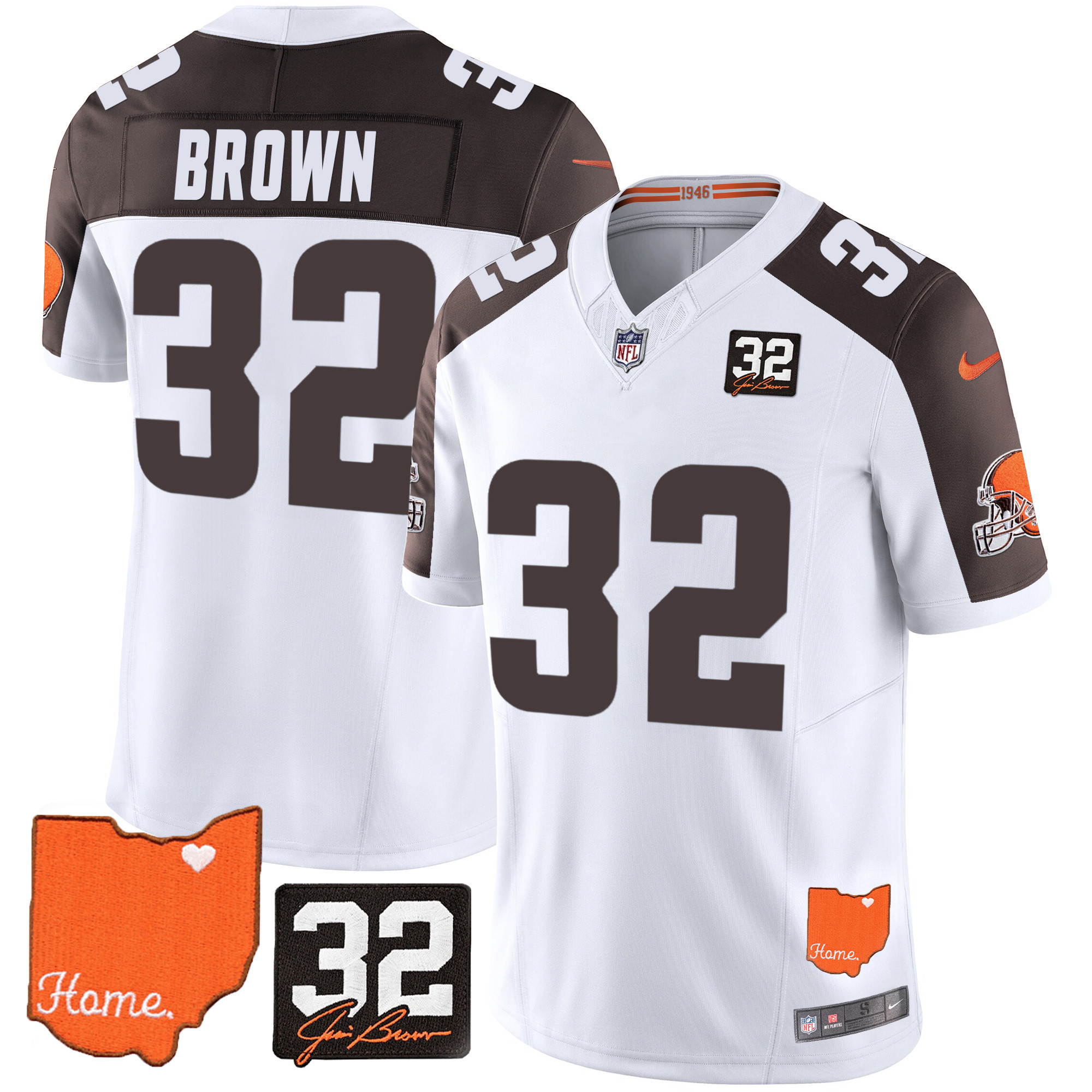 Jim Brown Men's Cleveland Browns #32 Jim Brown Memorial & Home Patch Inverted Jersey - All Stitched