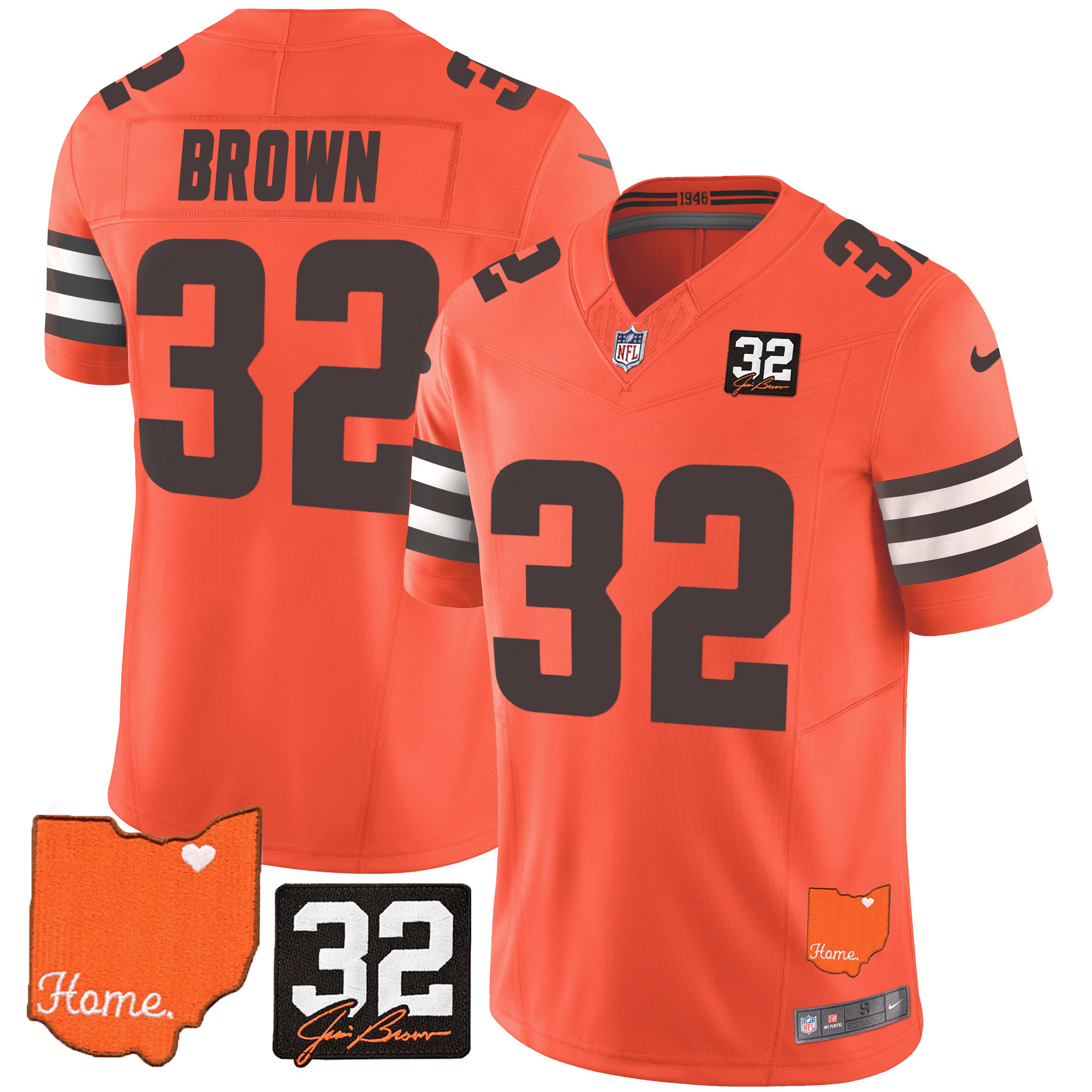 Jim Brown Men's Cleveland Browns #32 Jim Brown Memorial & Home Patch Orange Jersey - All Stitched