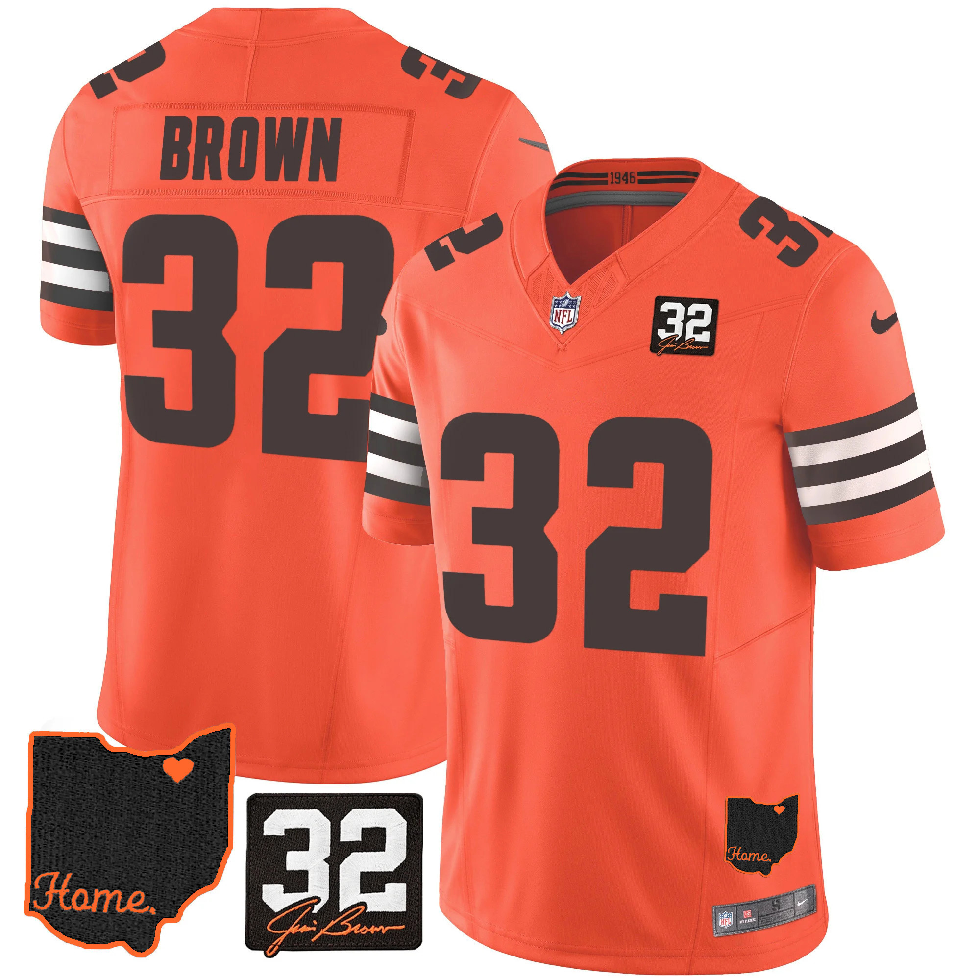 Jim Brown Men's Cleveland Browns #32 Jim Brown Memorial & Home Patch Orange Jersey - All Stitched