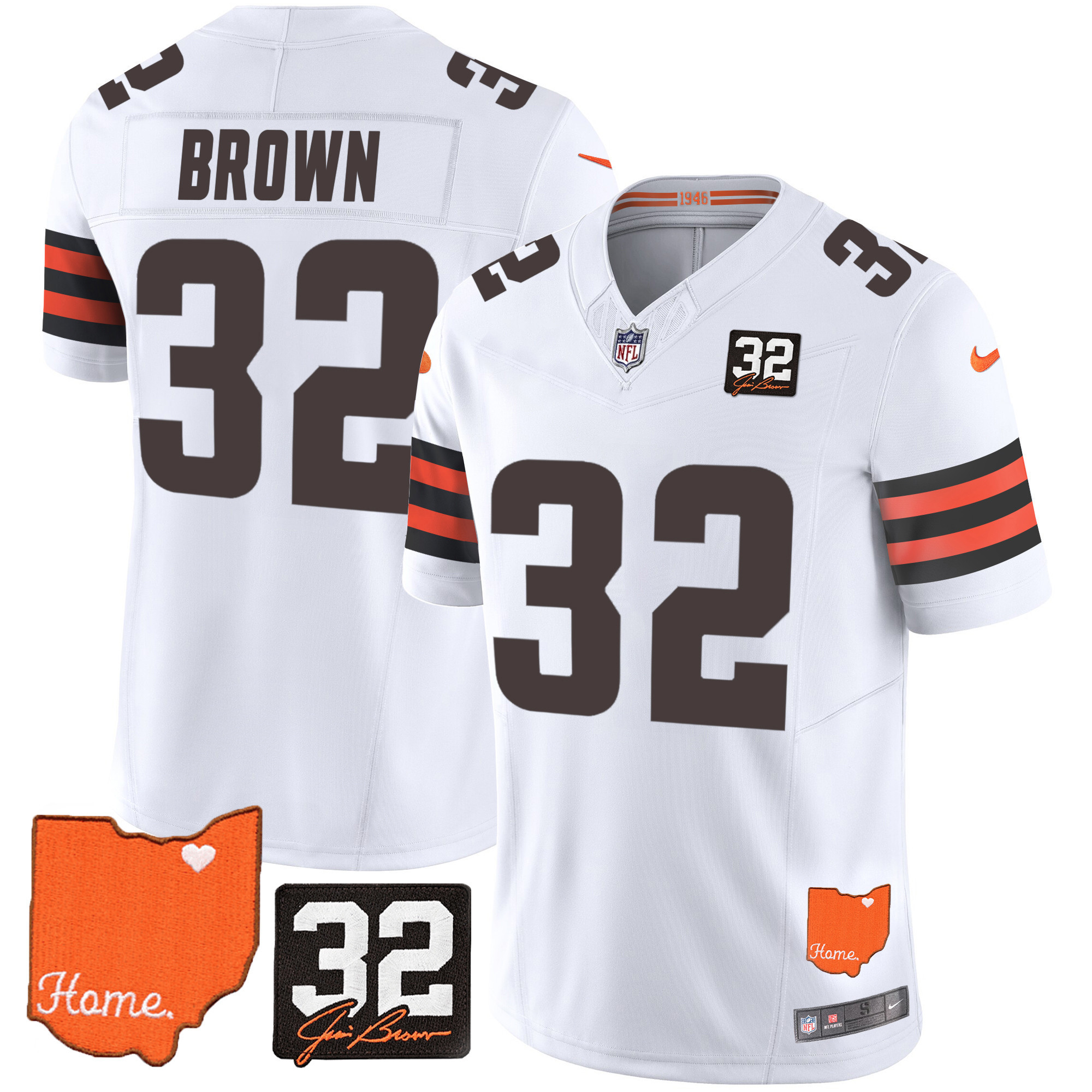Jim Brown Men's Cleveland Browns #32 Jim Brown Memorial & Home Patch White Jersey - All Stitched