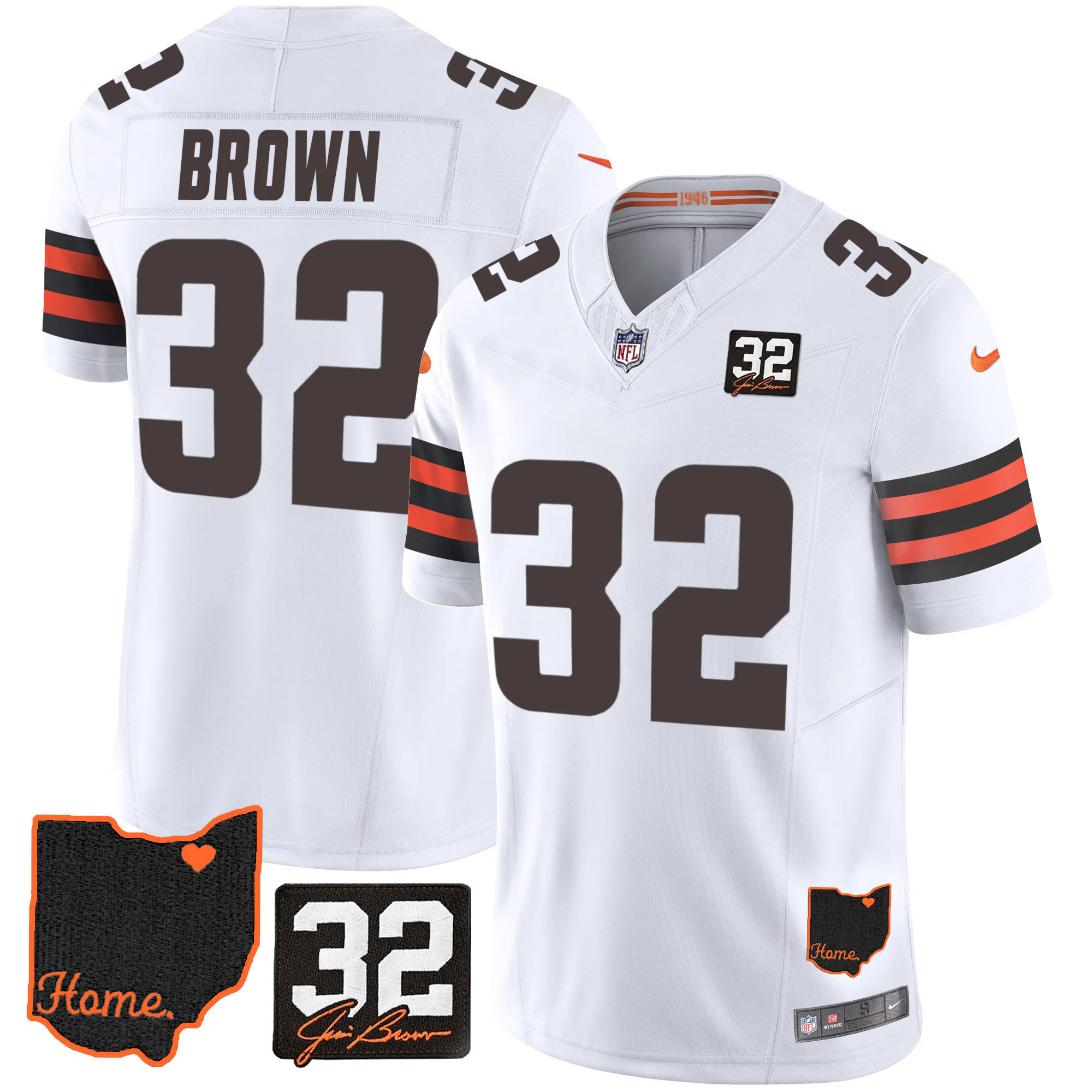 Jim Brown Men's Cleveland Browns #32 Jim Brown Memorial & Home Patch White Jersey - All Stitched