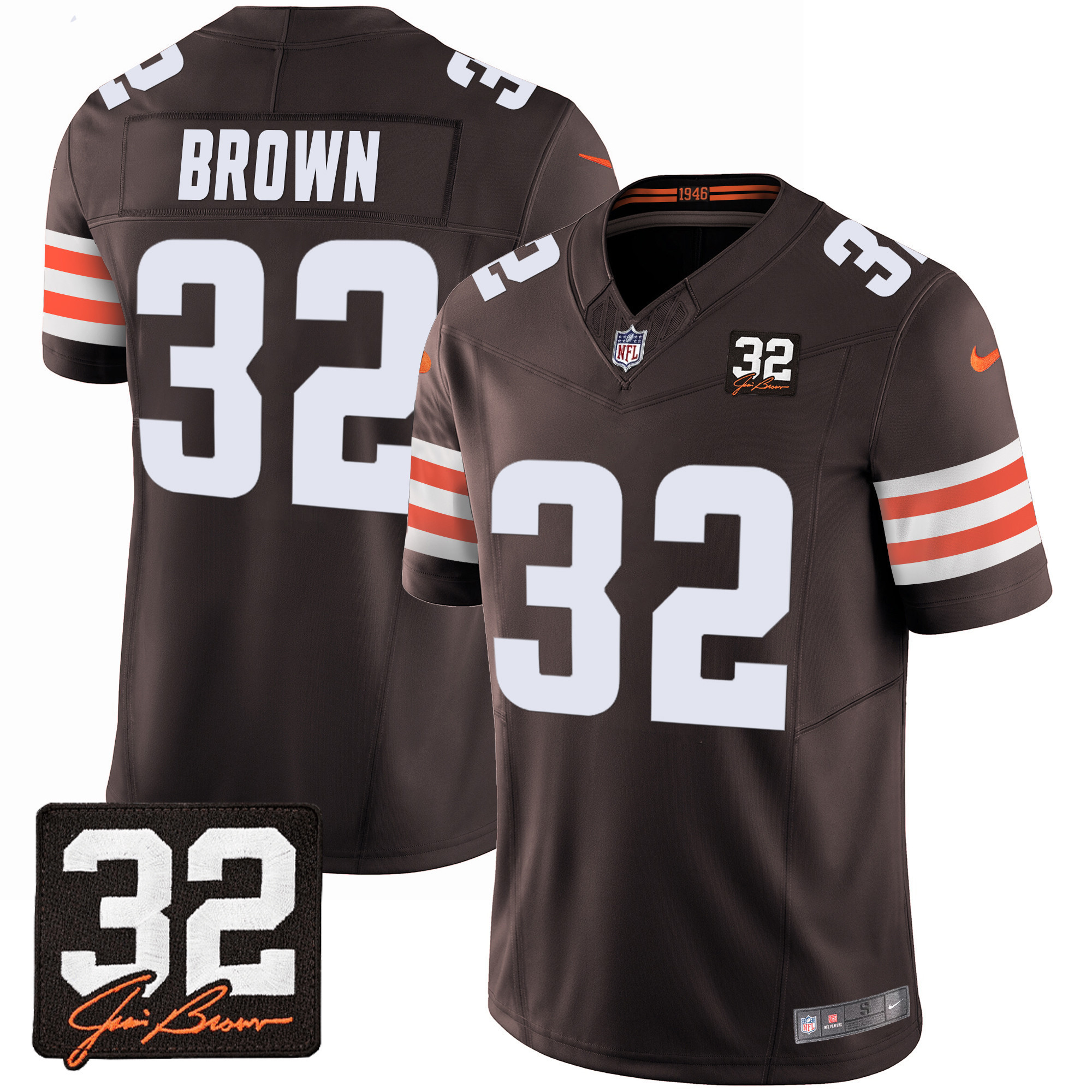 Jim Brown Men's Cleveland Browns #32 Jim Brown Memorial Patch Brown Jersey - All Stitched