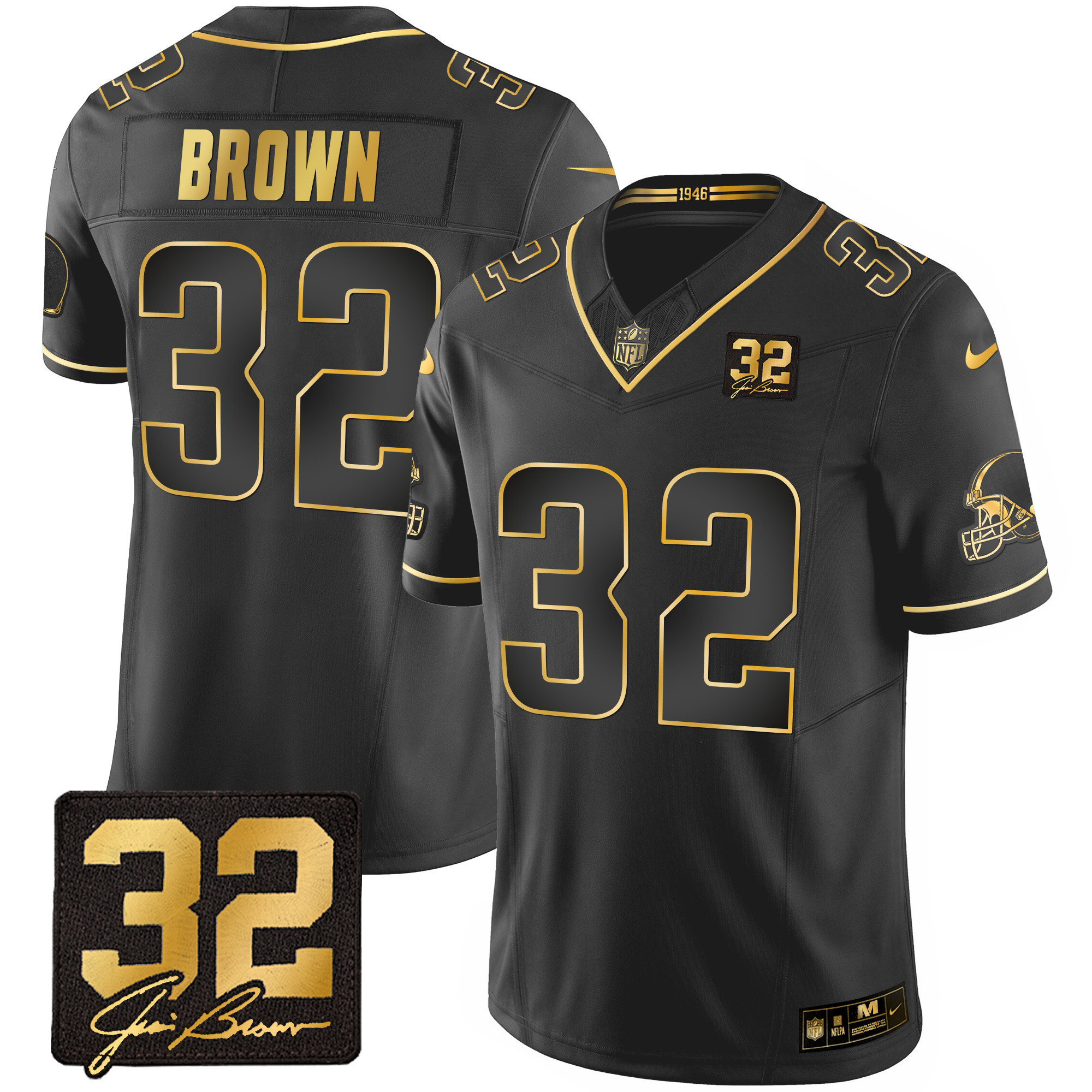 Jim Brown Men's Cleveland Browns #32 Jim Brown Memorial Patch Gold Black Gold Jersey - All Stitched
