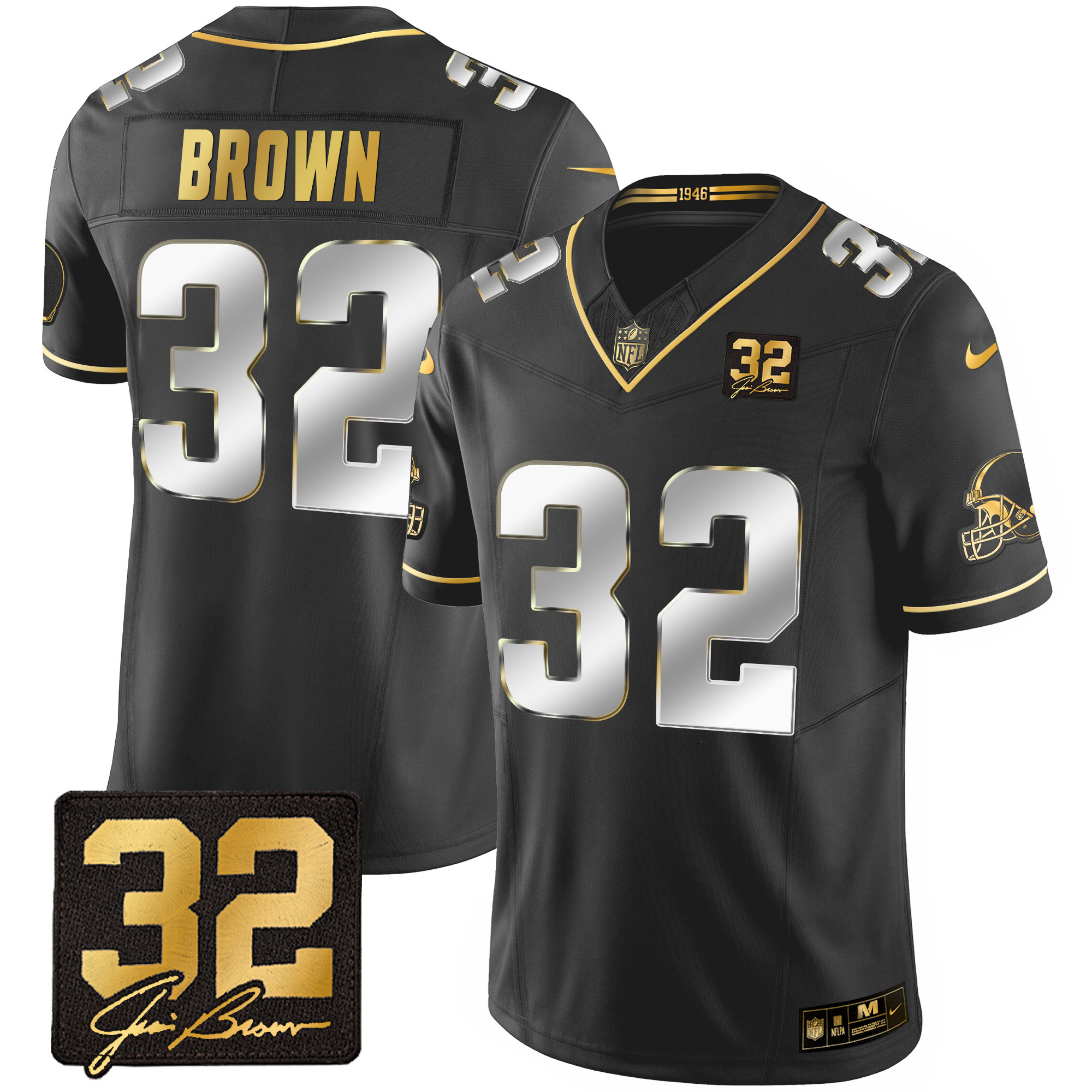 Jim Brown Men's Cleveland Browns #32 Jim Brown Memorial Patch Gold Black Limited Jersey - All Stitched