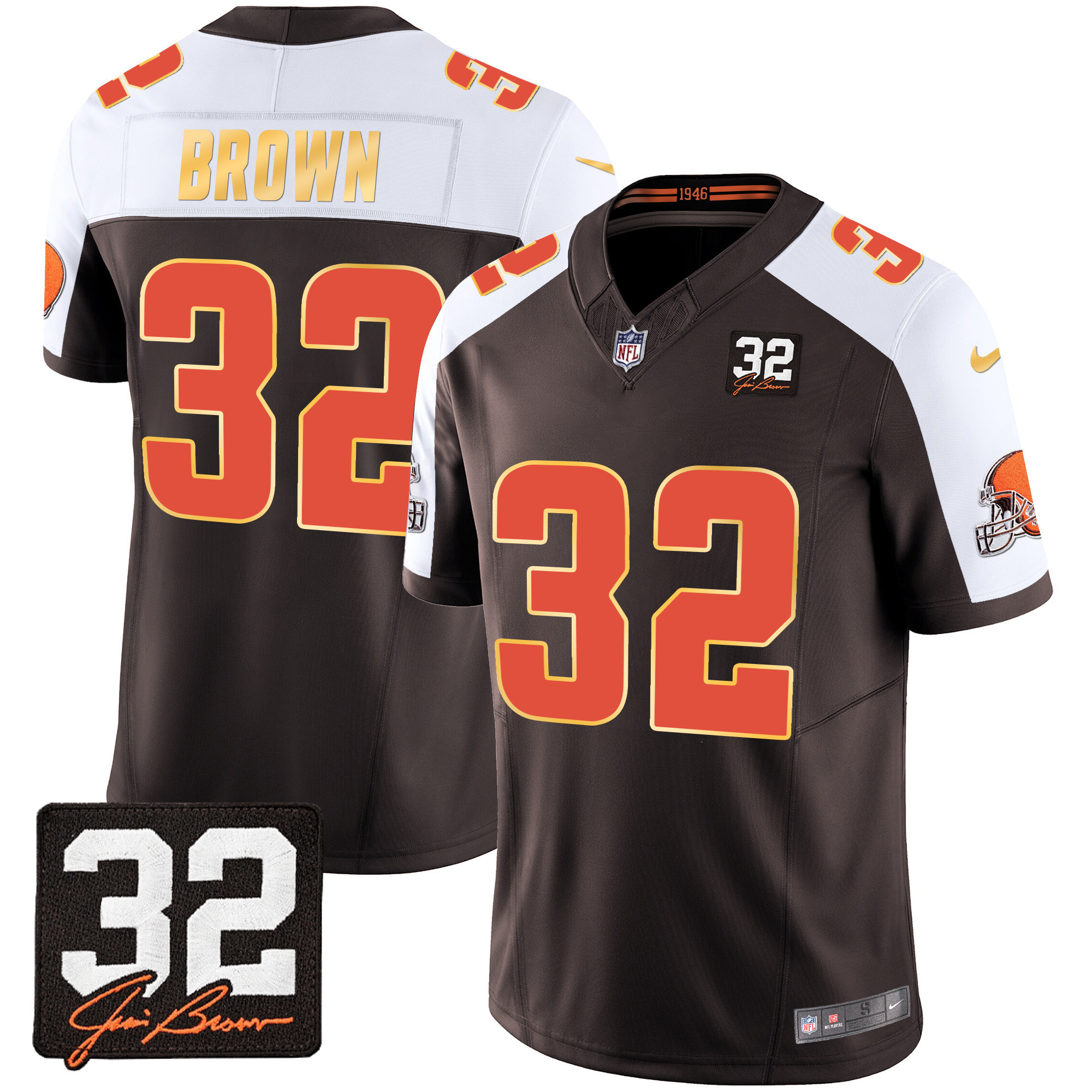 Jim Brown Men's Cleveland Browns #32 Jim Brown Memorial Patch Gold Trim Alternate Jersey - All Stitched