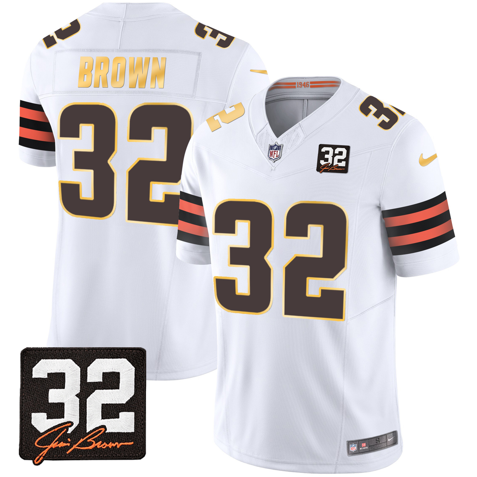 Jim Brown Men's Cleveland Browns #32 Jim Brown Memorial Patch Gold Trim White Jersey - All Stitched