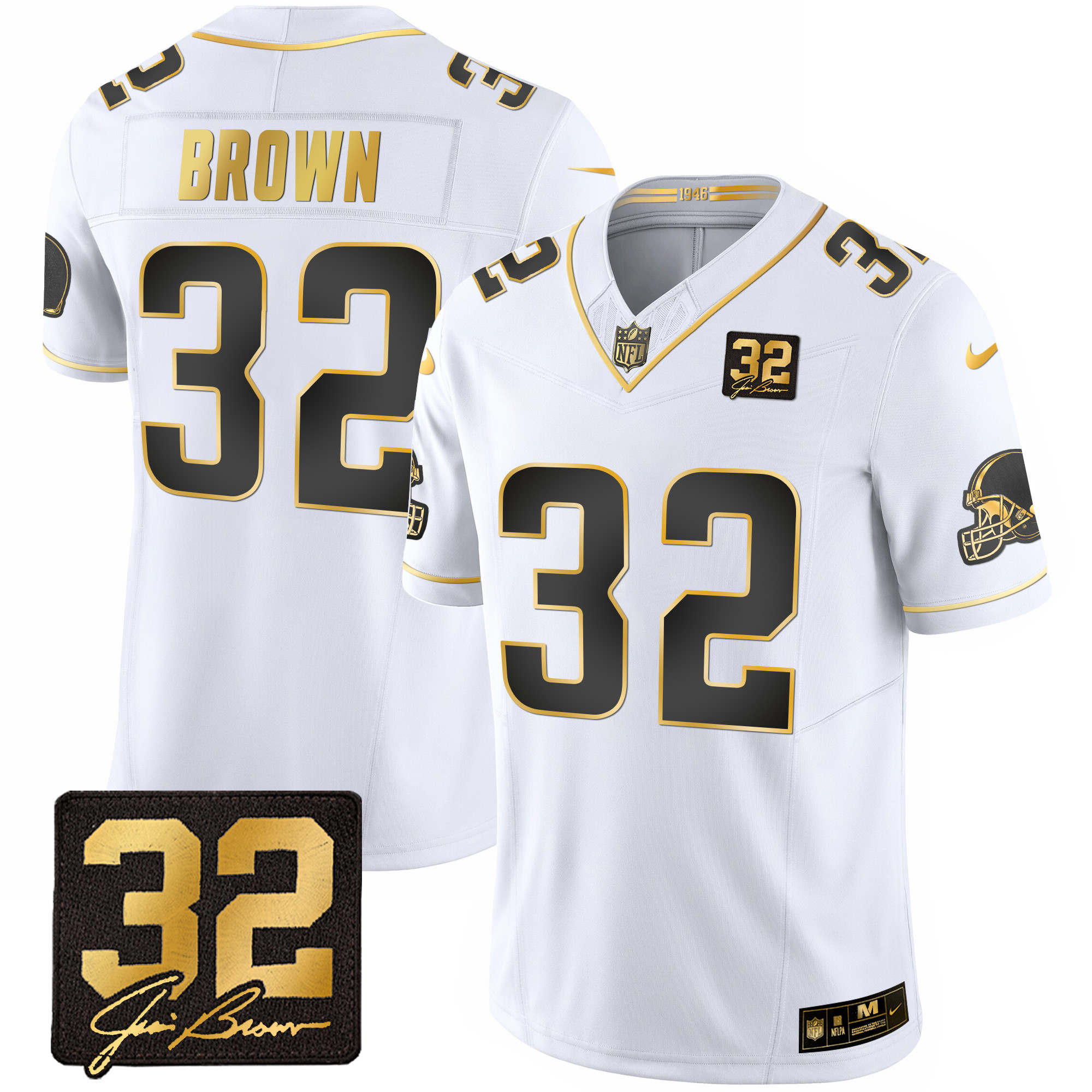 Jim Brown Men's Cleveland Browns #32 Jim Brown Memorial Patch Gold White Gold Jersey - All Stitched