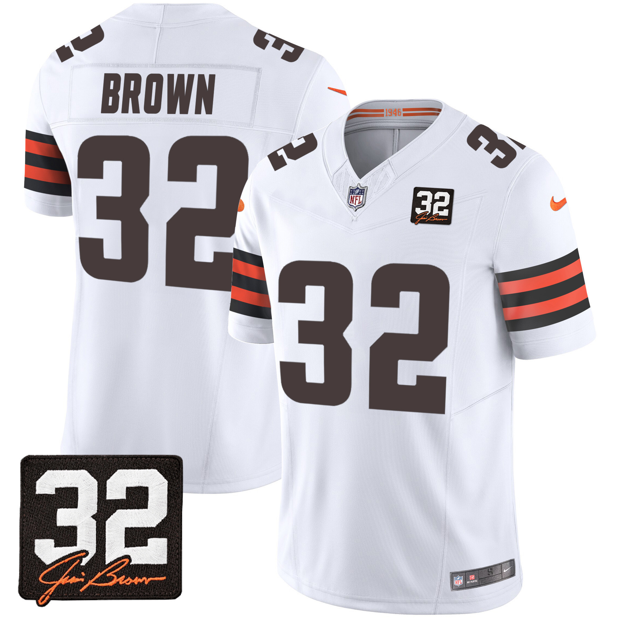 Jim Brown Men's Cleveland Browns #32 Jim Brown Memorial Patch White Jersey - All Stitched