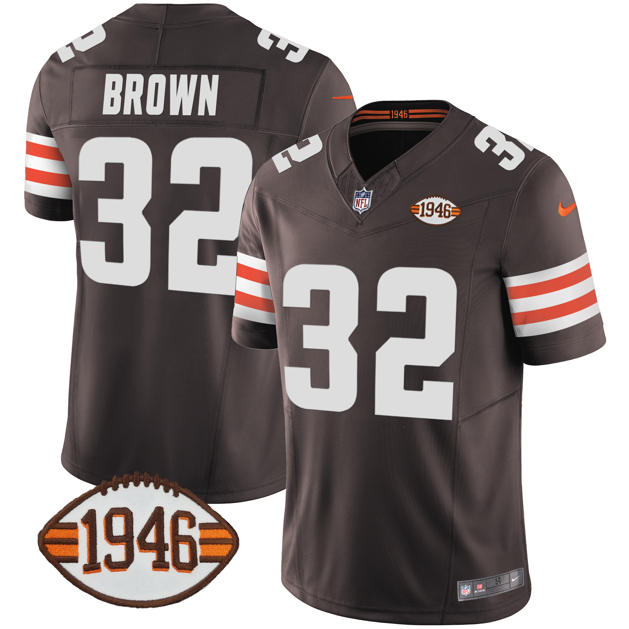 Jim Brown Men's Cleveland Browns 1946 75th Anniversary Patch Brown Jersey - All Stitched