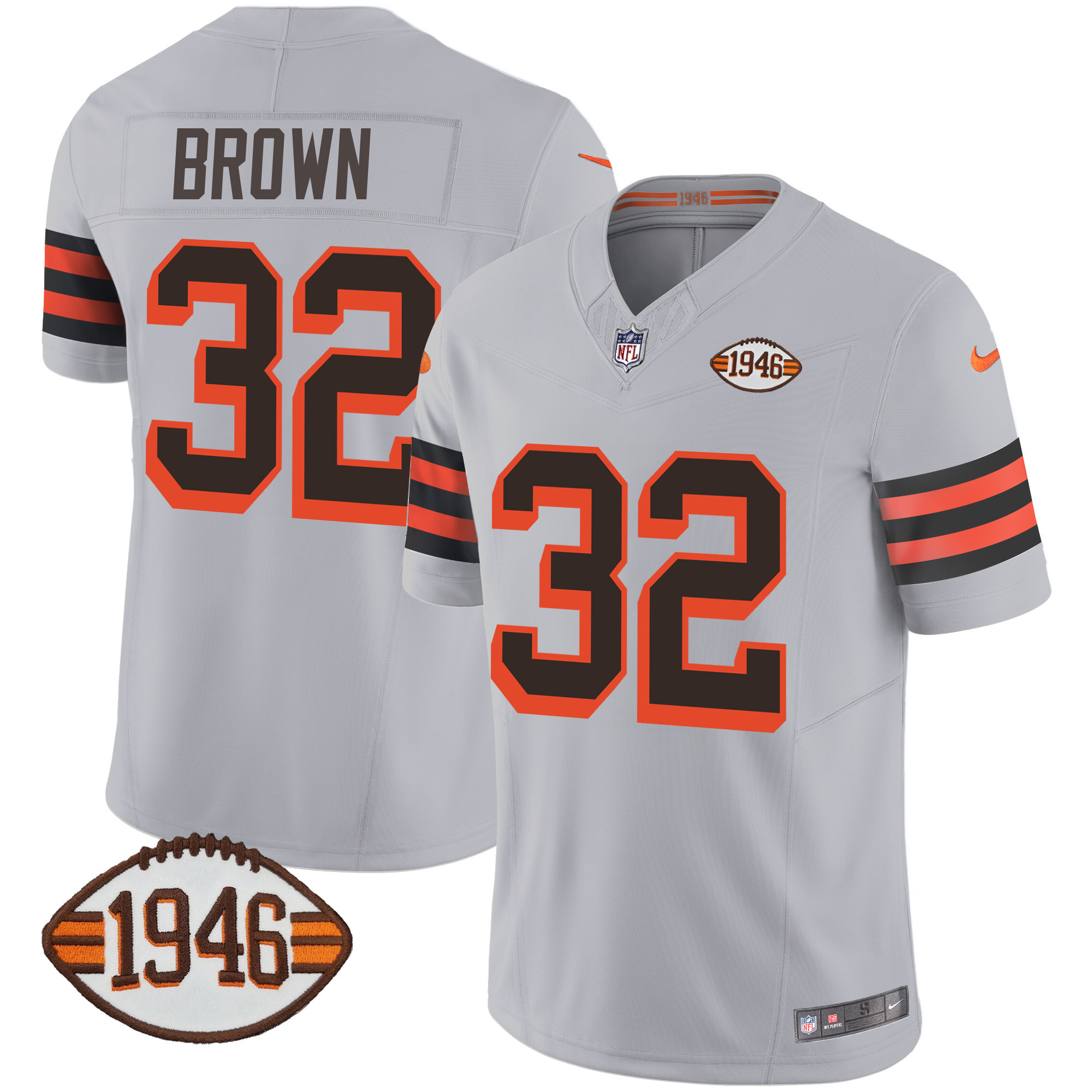 Jim Brown Men's Cleveland Browns 1946 75th Anniversary Patch Gray Jersey - All Stitched