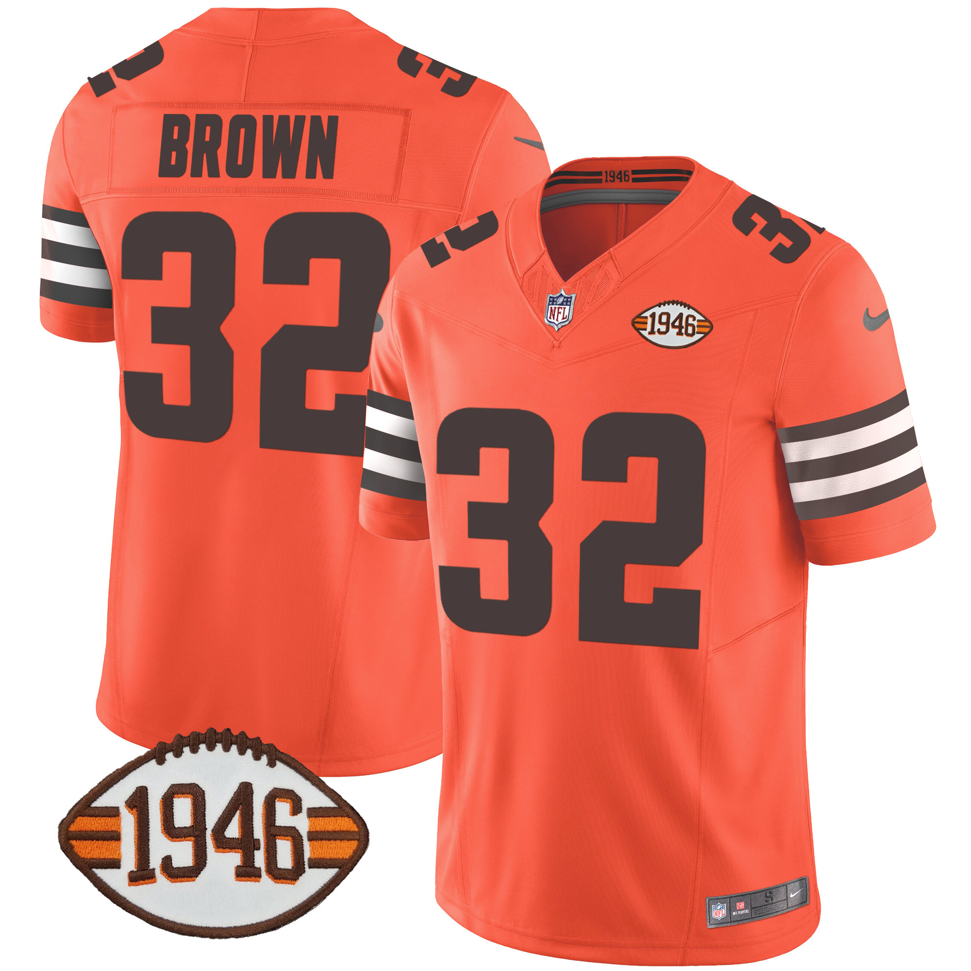 Jim Brown Men's Cleveland Browns 1946 75th Anniversary Patch Orange Jersey - All Stitched