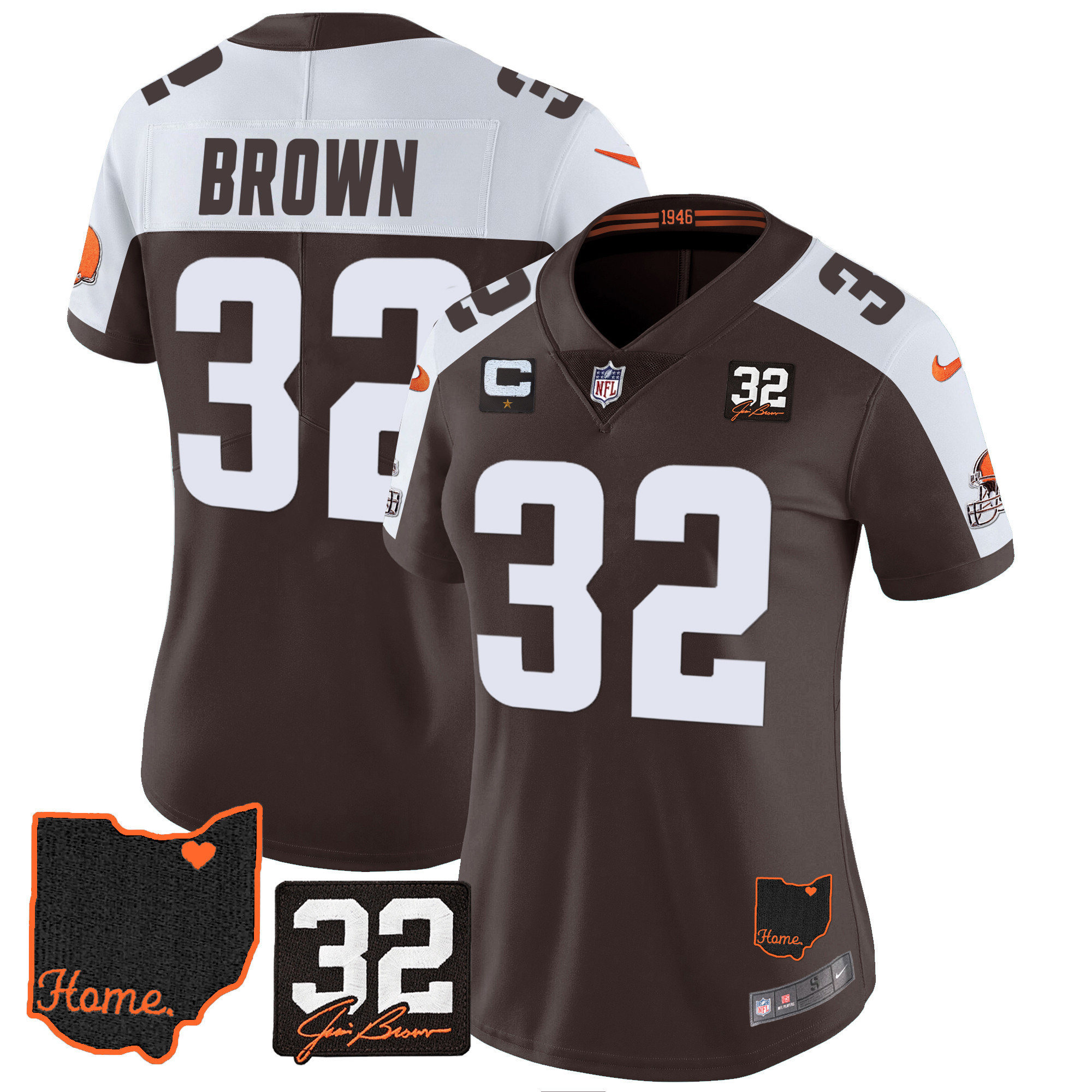 Jim Brown Women's Cleveland Browns #32 Jim Brown Memorial & Home Patch Alternate Jersey - All Stitched