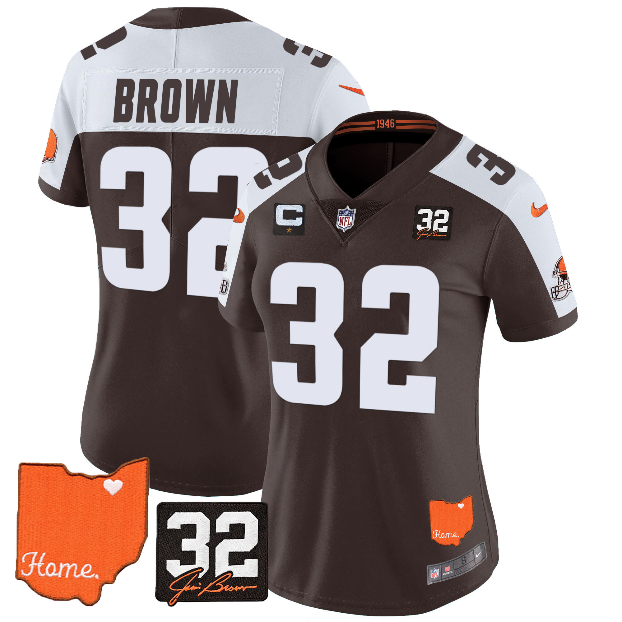 Jim Brown Women's Cleveland Browns #32 Jim Brown Memorial & Home Patch Alternate Jersey - All Stitched