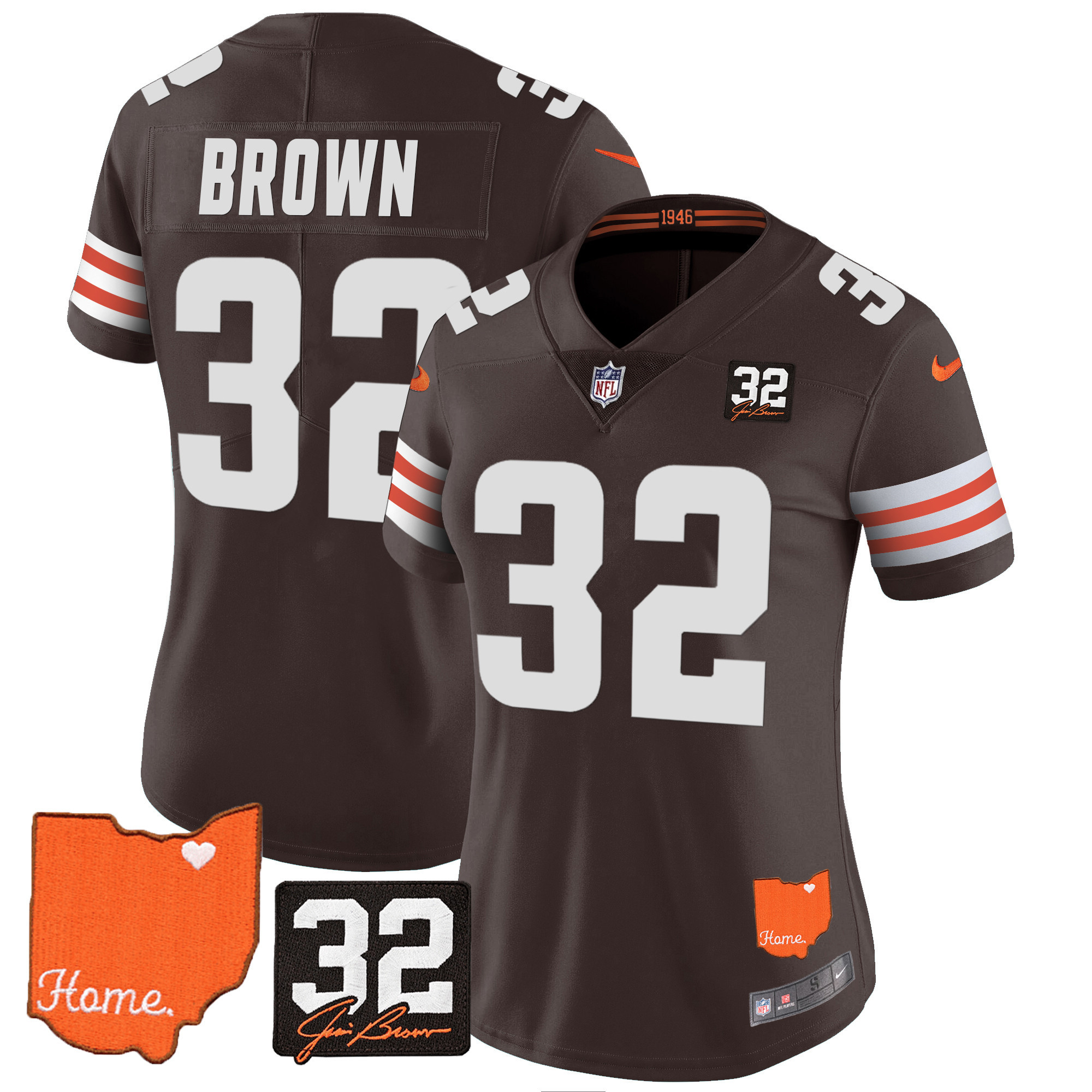 Jim Brown Women's Cleveland Browns #32 Jim Brown Memorial & Home Patch Brown Jersey - All Stitched