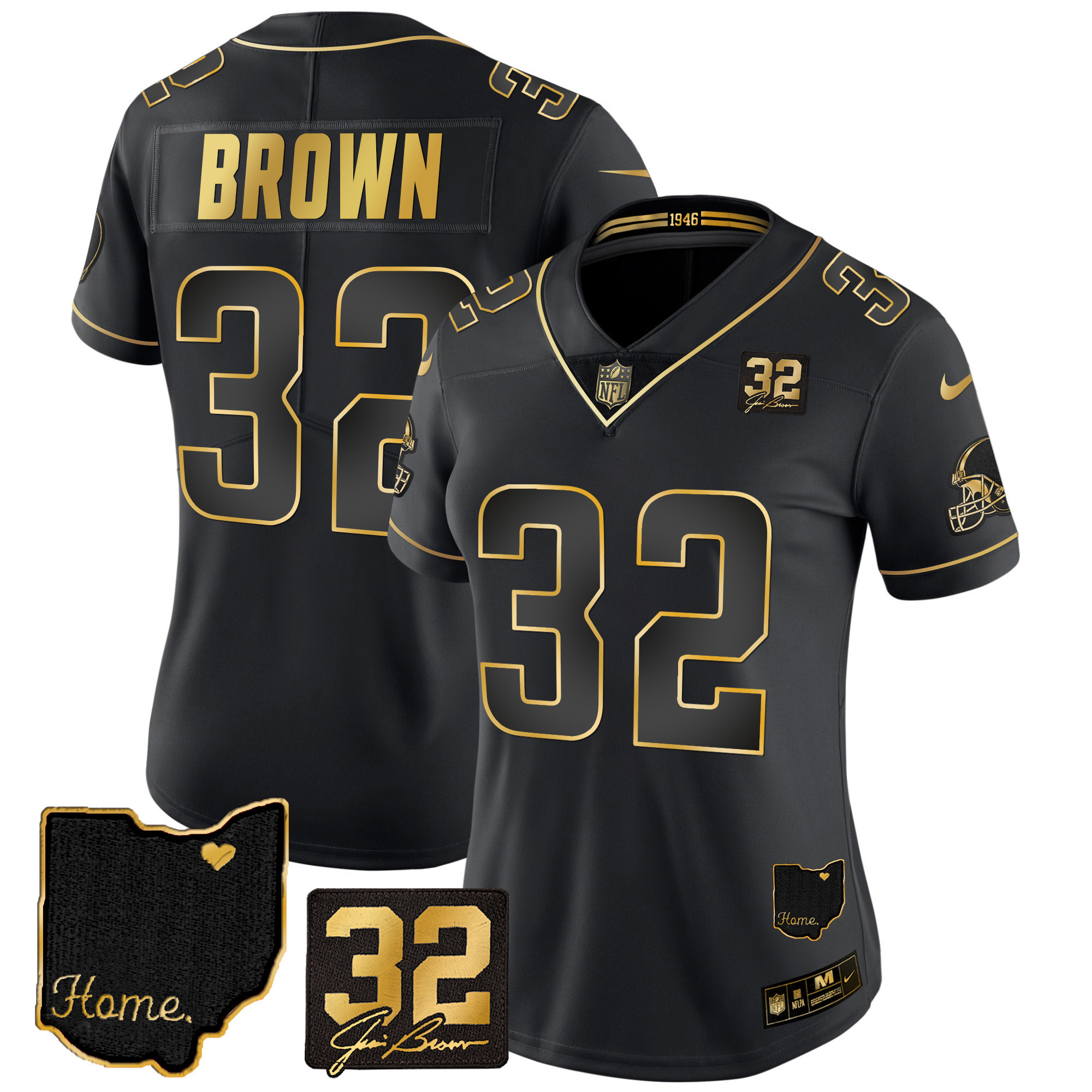 Jim Brown Women's Cleveland Browns #32 Jim Brown Memorial & Home Patch Gold Black Gold Jersey - All Stitched