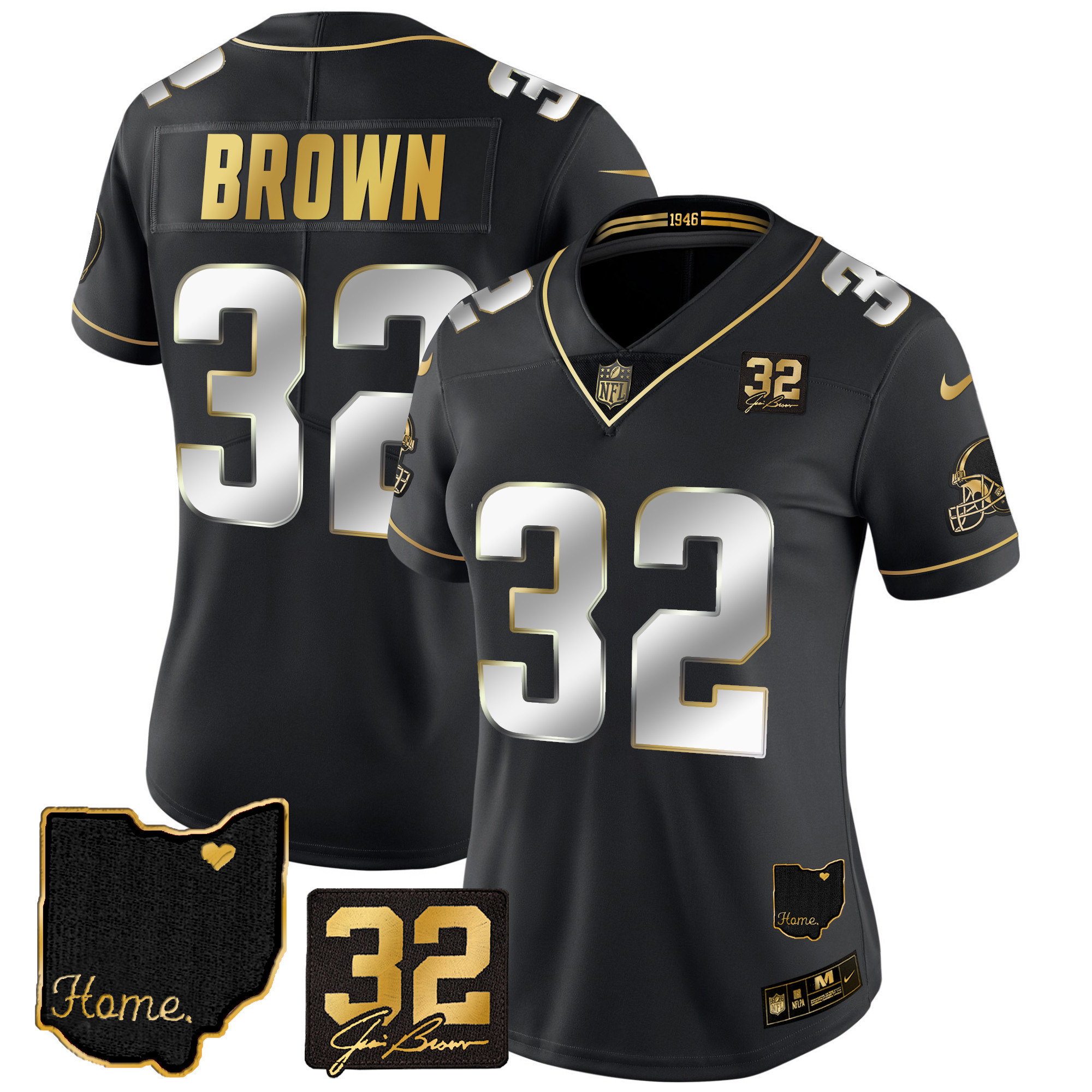 Jim Brown Women's Cleveland Browns #32 Jim Brown Memorial & Home Patch Gold Black Limited Jersey - All Stitched