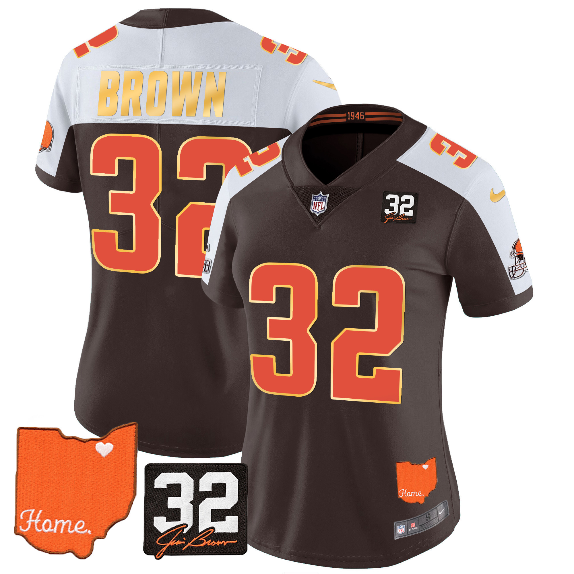 Jim Brown Women's Cleveland Browns #32 Jim Brown Memorial & Home Patch Gold Trim Alternate Jersey - All Stitched