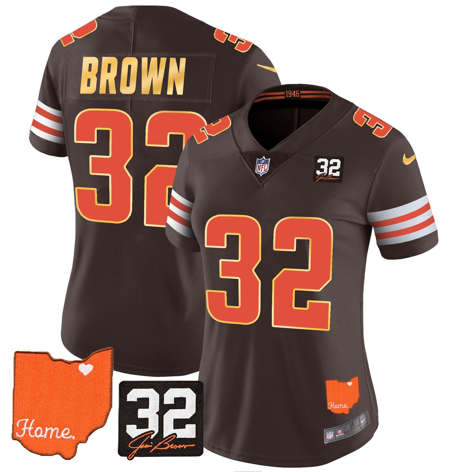 Jim Brown Women's Cleveland Browns #32 Jim Brown Memorial & Home Patch Gold Trim Brown Jersey - All Stitched