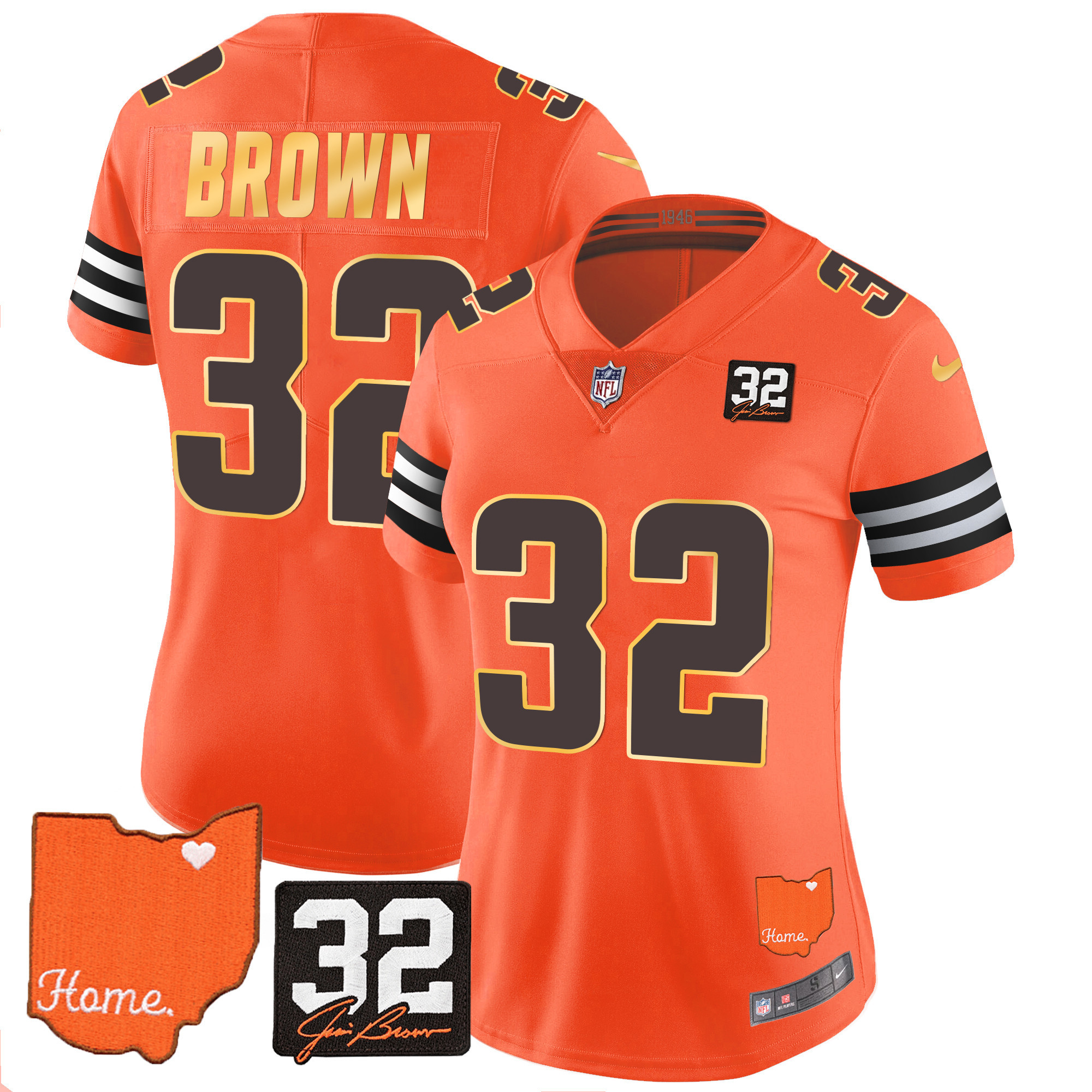 Jim Brown Women's Cleveland Browns #32 Jim Brown Memorial & Home Patch Gold Trim Orange Jersey - All Stitched