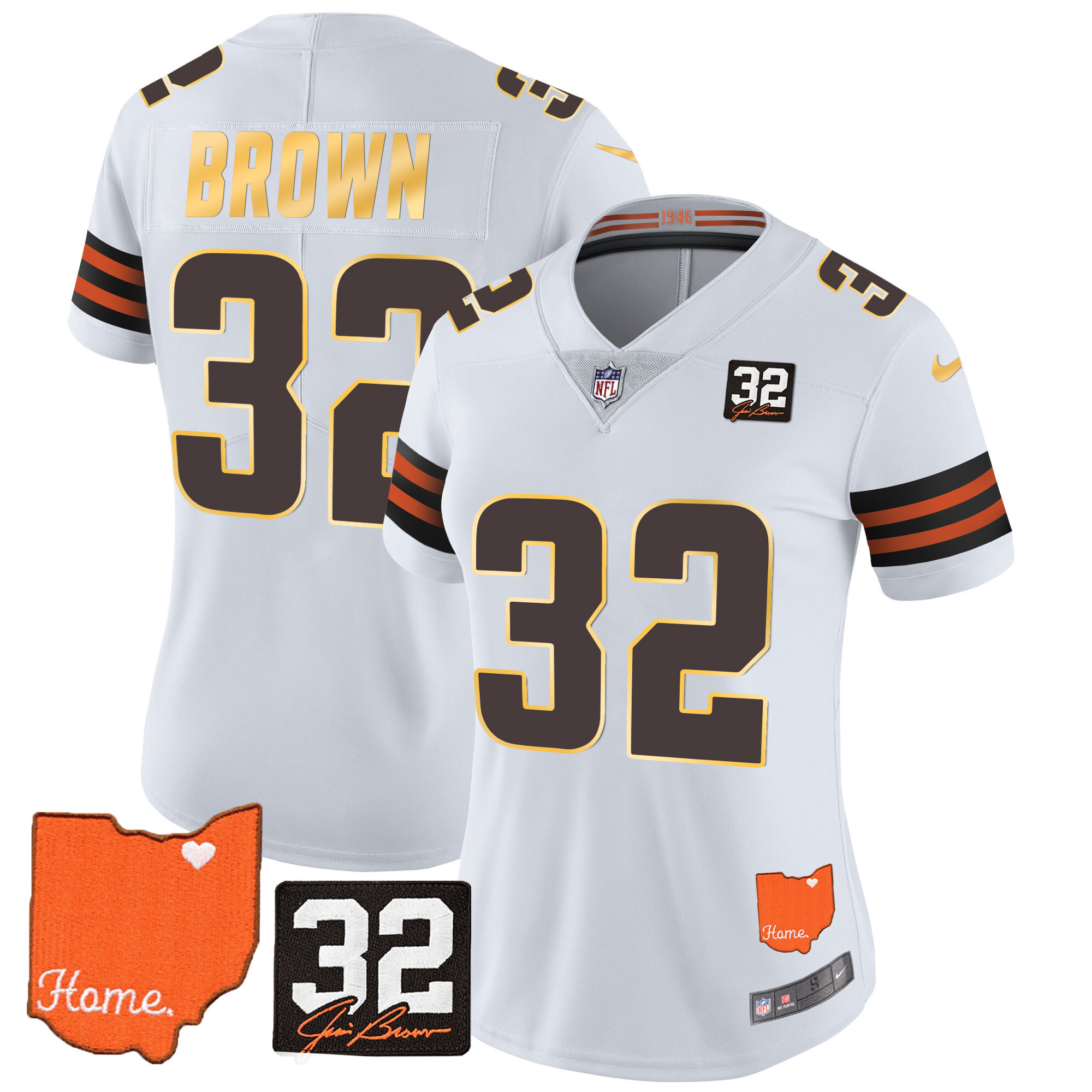 Jim Brown Women's Cleveland Browns #32 Jim Brown Memorial & Home Patch Gold Trim White Jersey - All Stitched