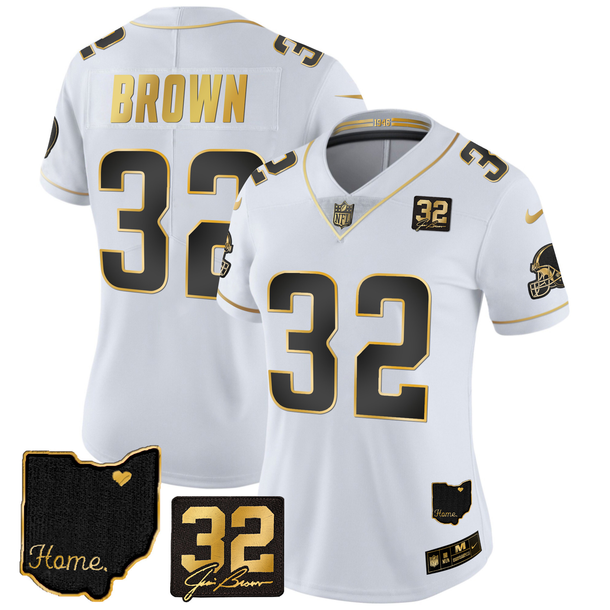 Jim Brown Women's Cleveland Browns #32 Jim Brown Memorial & Home Patch Gold White Gold Jersey - All Stitched