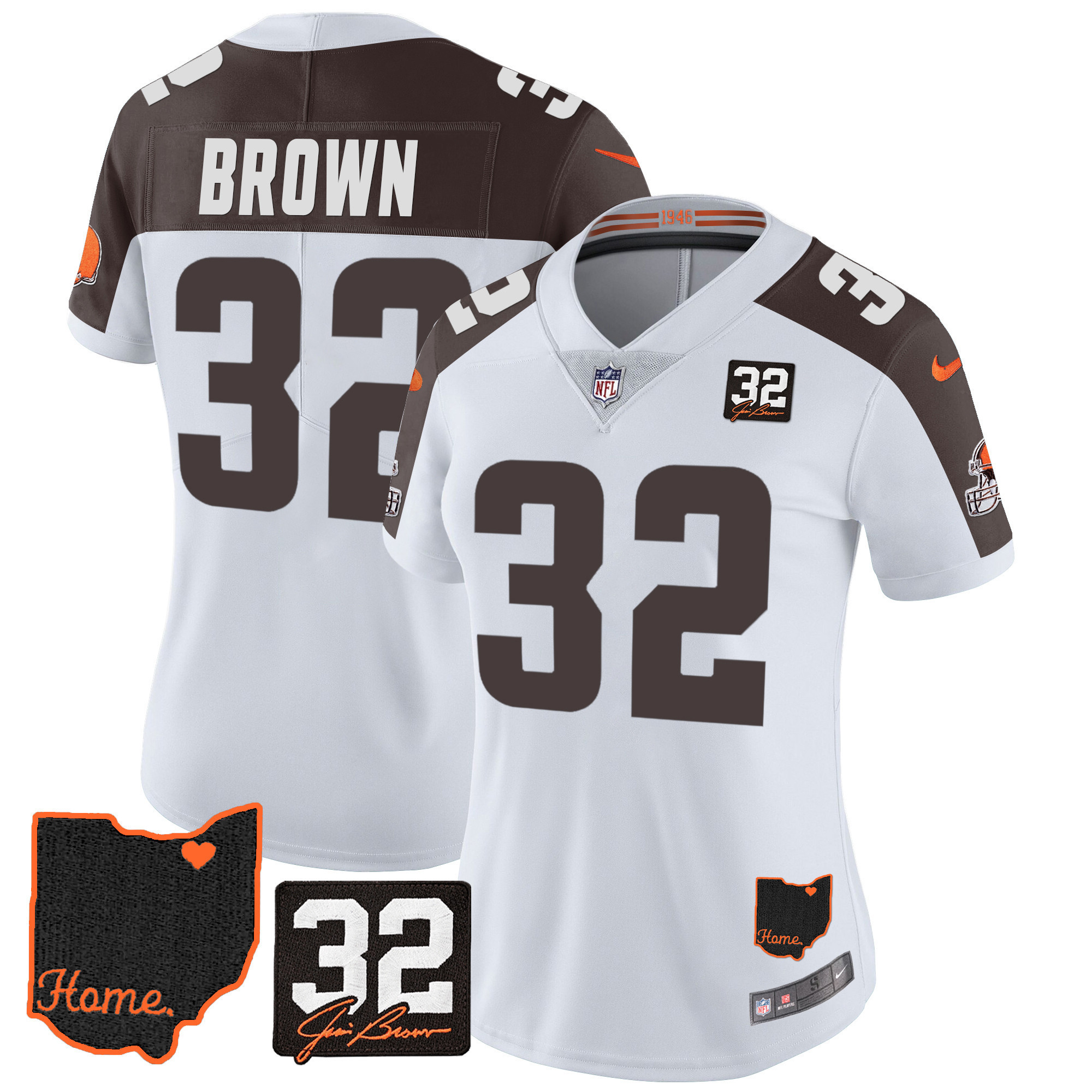 Jim Brown Women's Cleveland Browns #32 Jim Brown Memorial & Home Patch Inverted Jersey - All Stitched