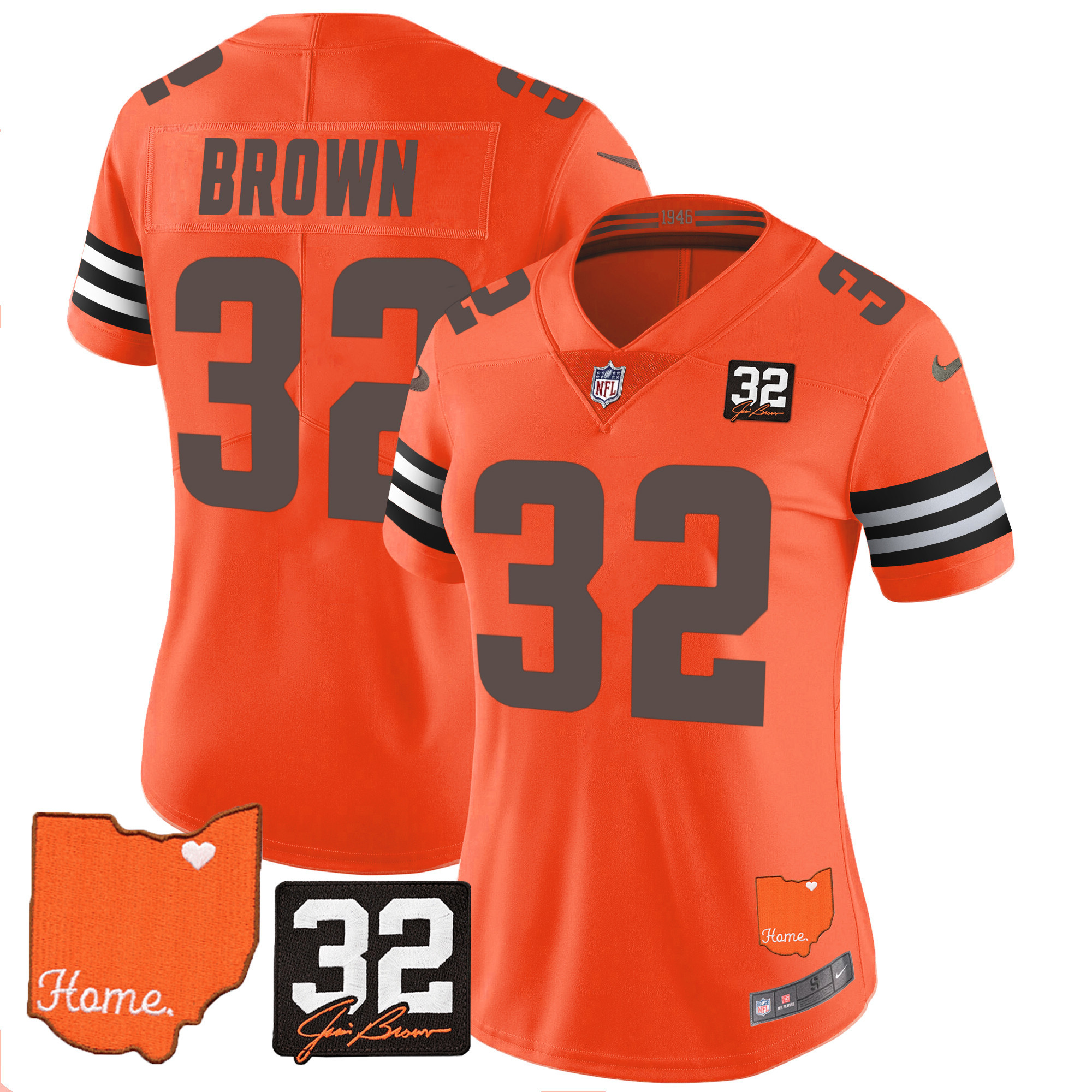 Jim Brown Women's Cleveland Browns #32 Jim Brown Memorial & Home Patch Orange Jersey - All Stitched