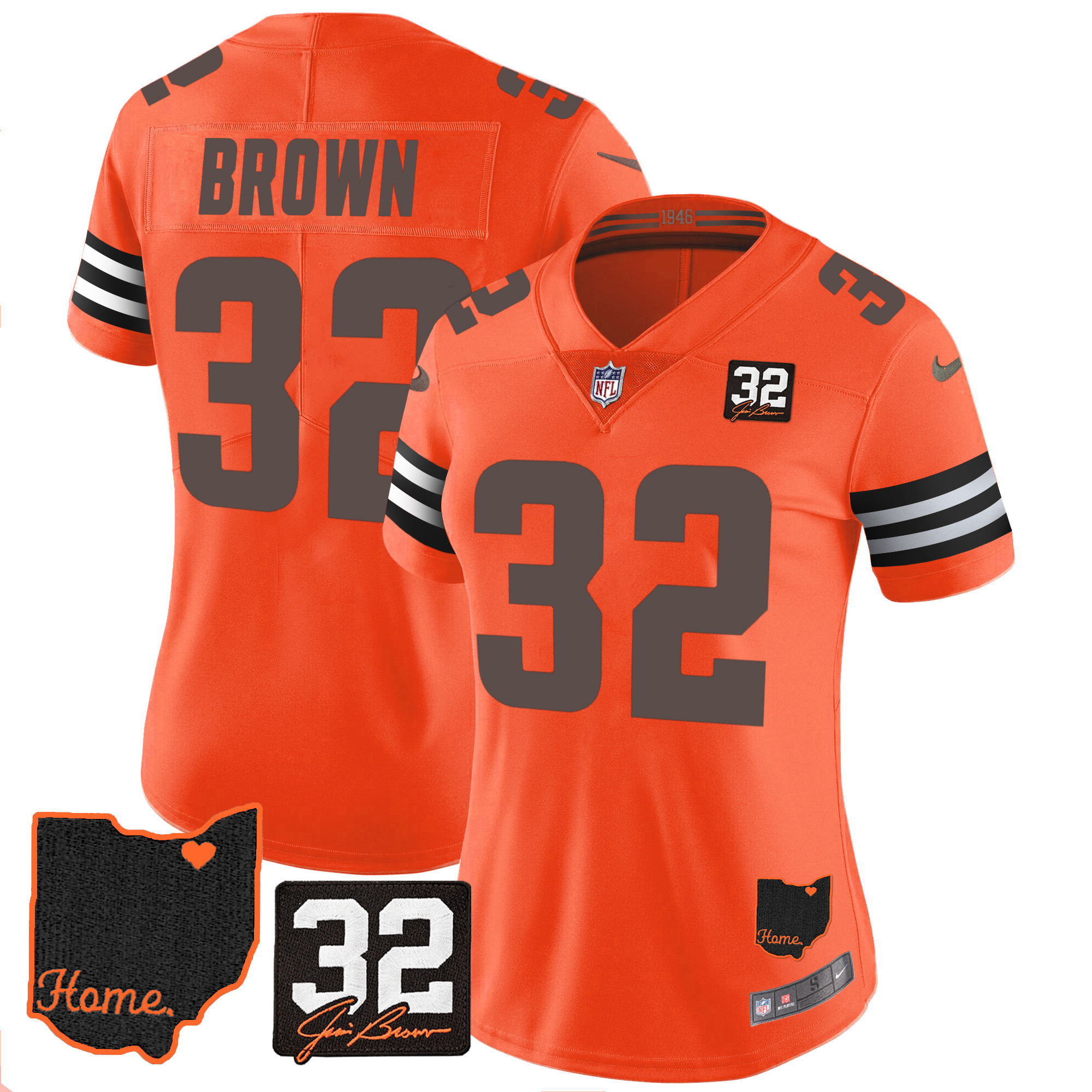 Jim Brown Women's Cleveland Browns #32 Jim Brown Memorial & Home Patch Orange Jersey - All Stitched