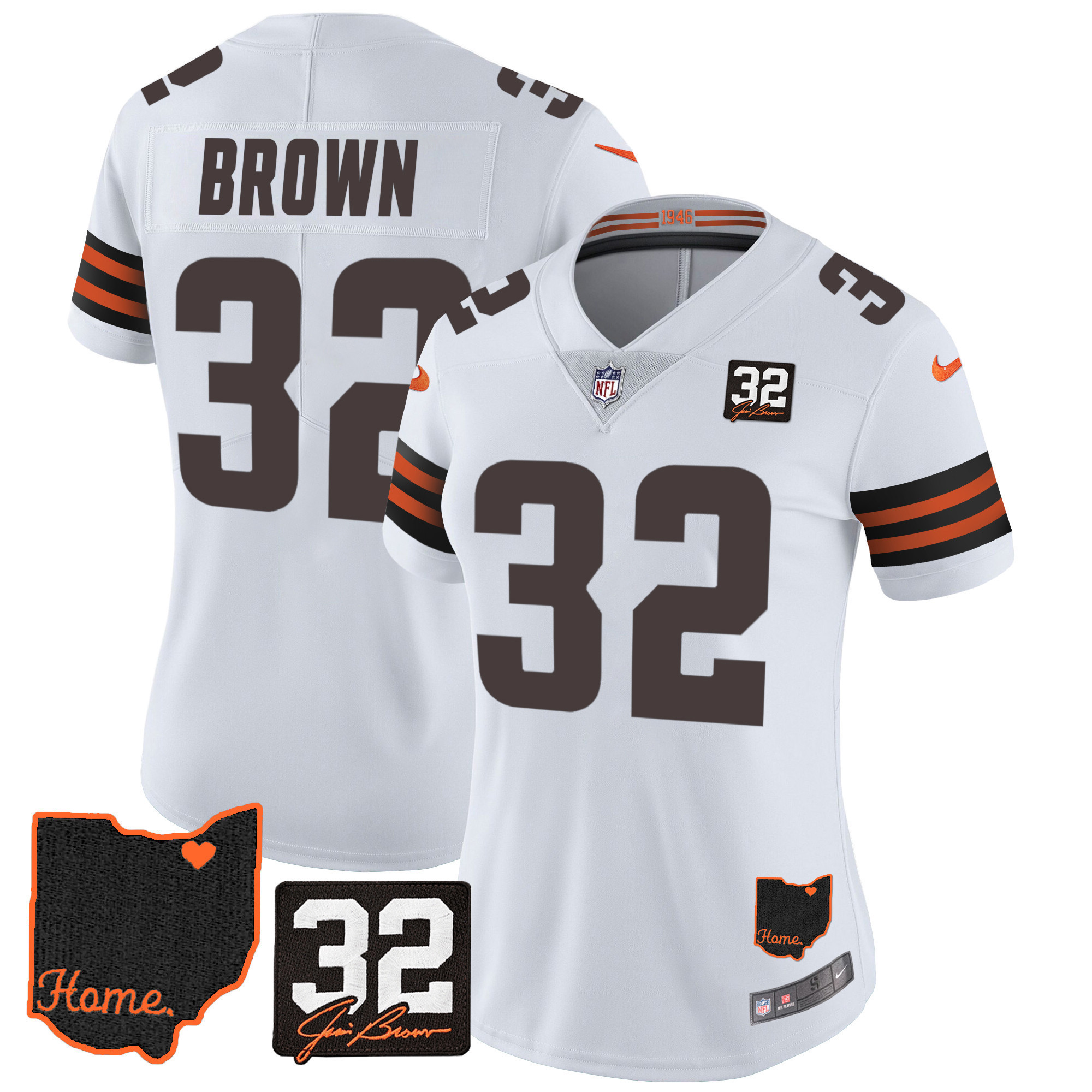 Jim Brown Women's Cleveland Browns #32 Jim Brown Memorial & Home Patch White Jersey - All Stitched
