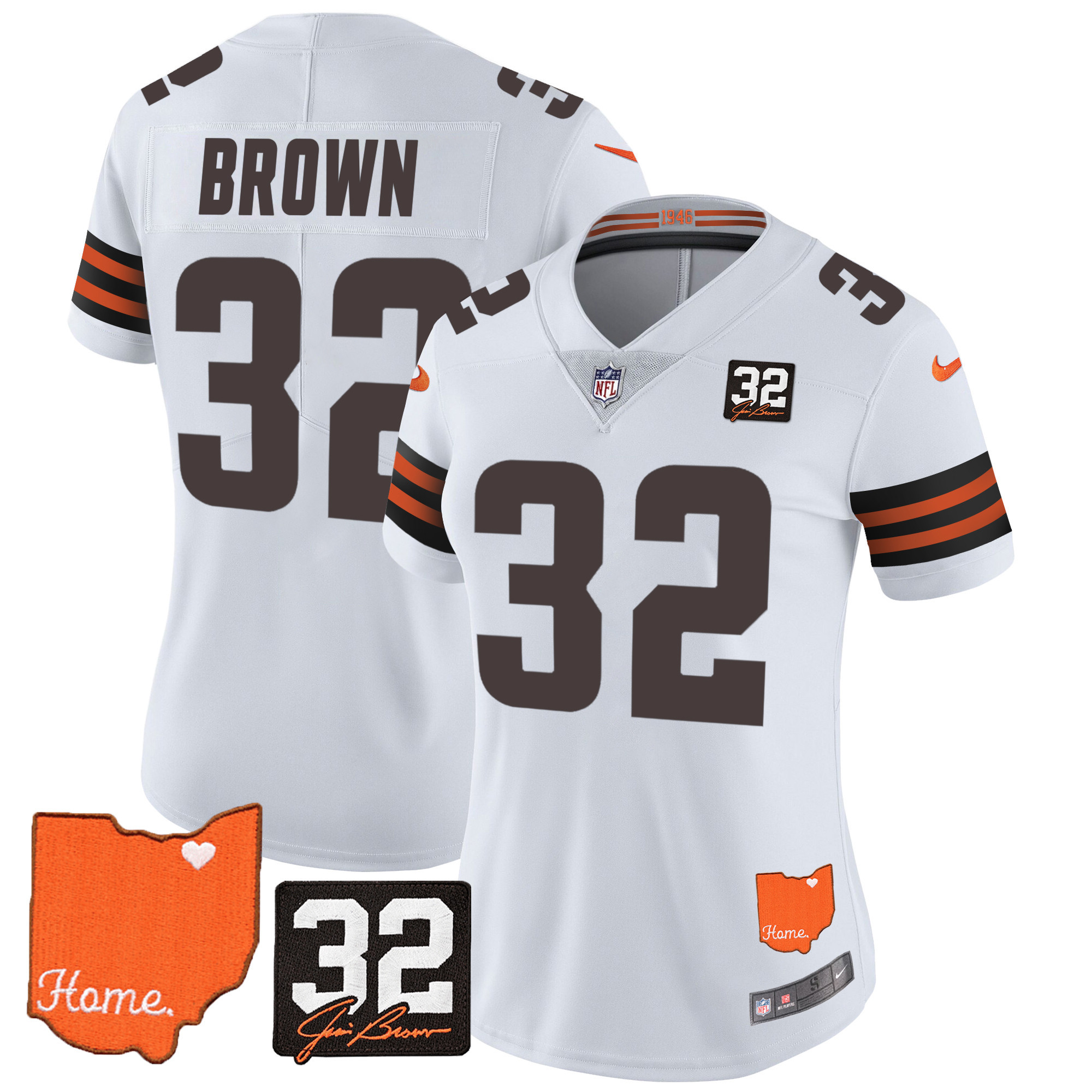 Jim Brown Women's Cleveland Browns #32 Jim Brown Memorial & Home Patch White Jersey - All Stitched