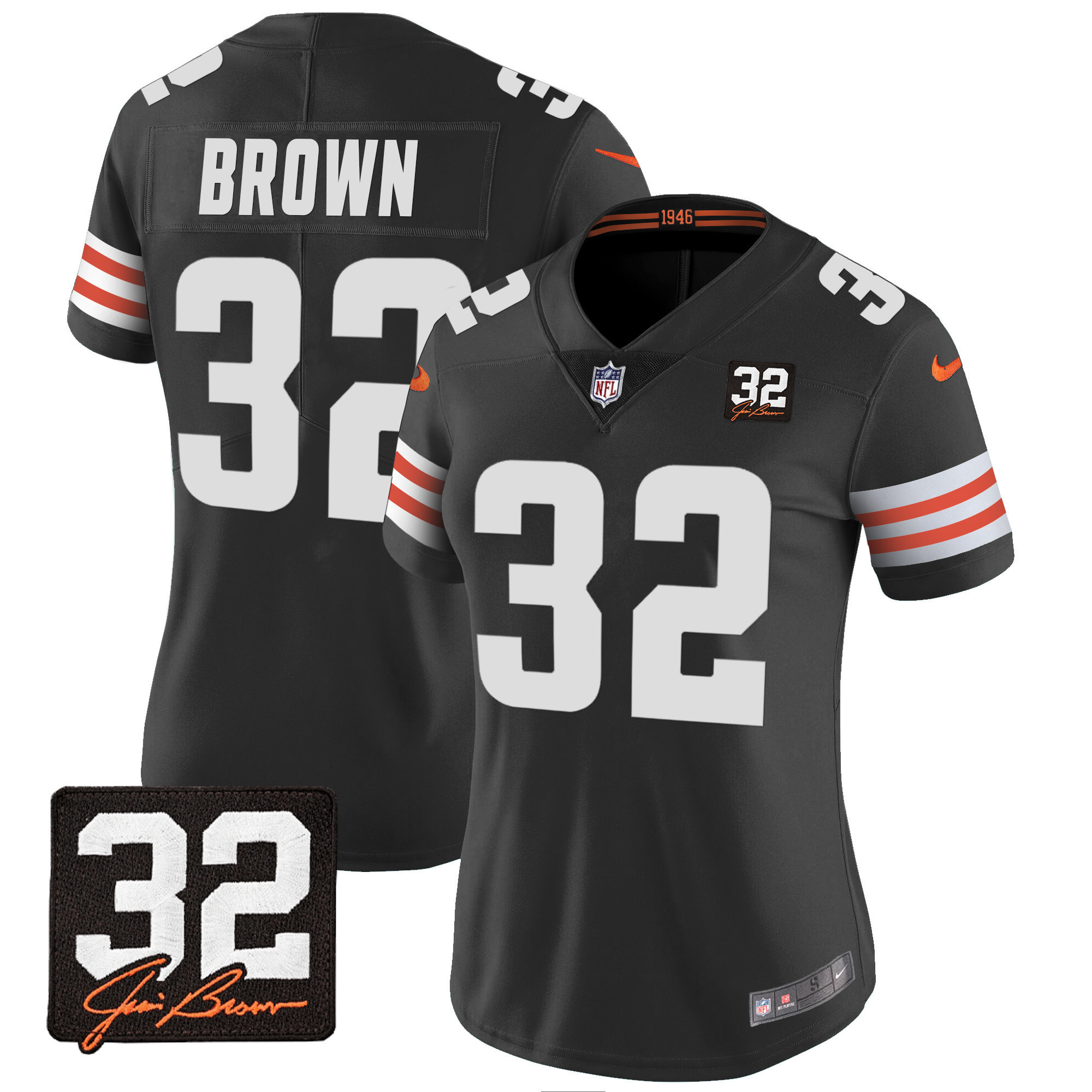 Jim Brown Women's Cleveland Browns #32 Jim Brown Memorial Patch Black Jersey - All Stitched