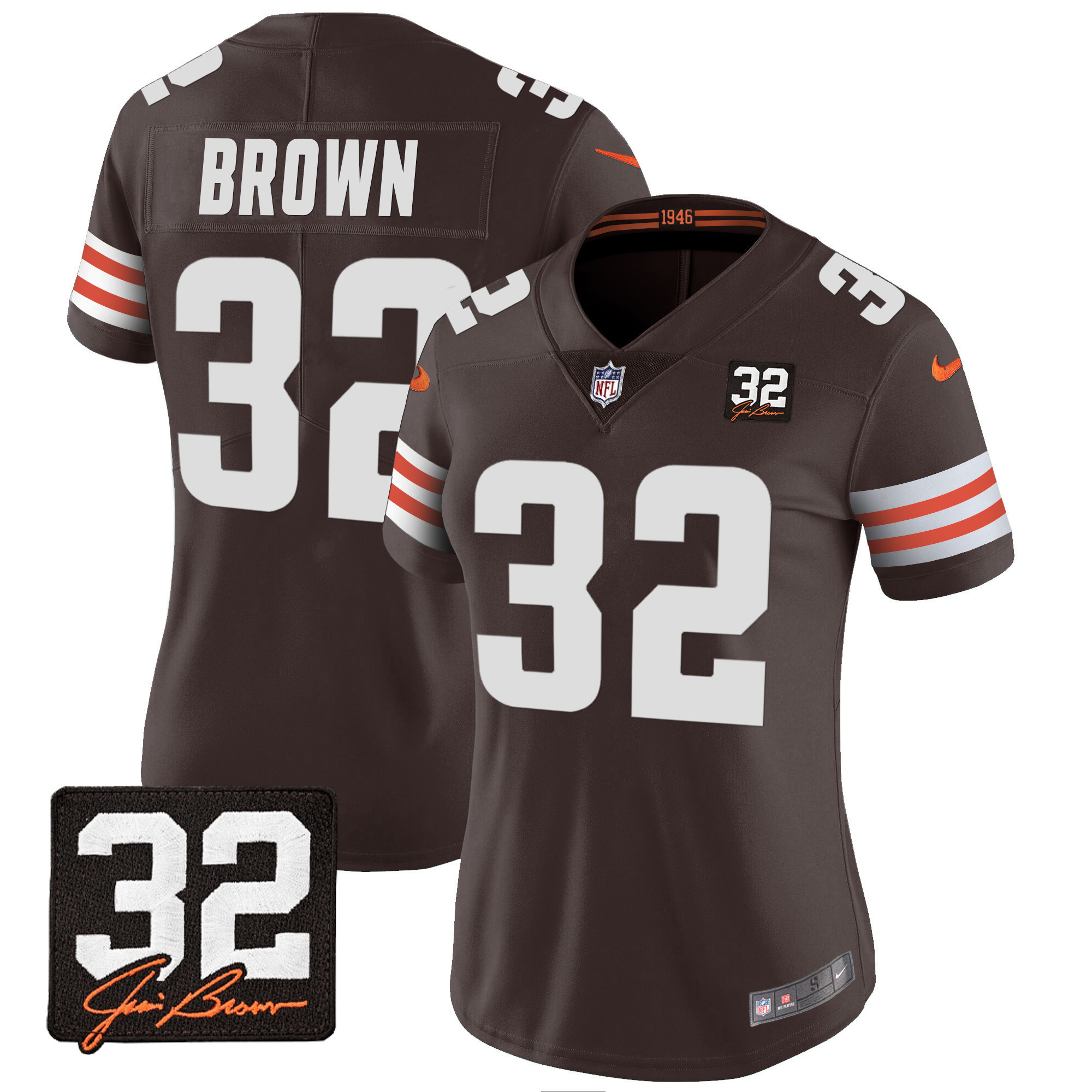 Jim Brown Women's Cleveland Browns #32 Jim Brown Memorial Patch Brown Jersey - All Stitched