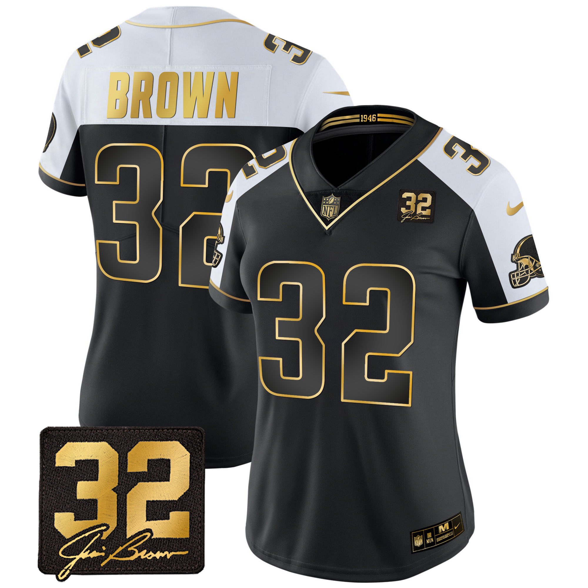 Jim Brown Women's Cleveland Browns #32 Jim Brown Memorial Patch Gold Alternate Jersey - All Stitched
