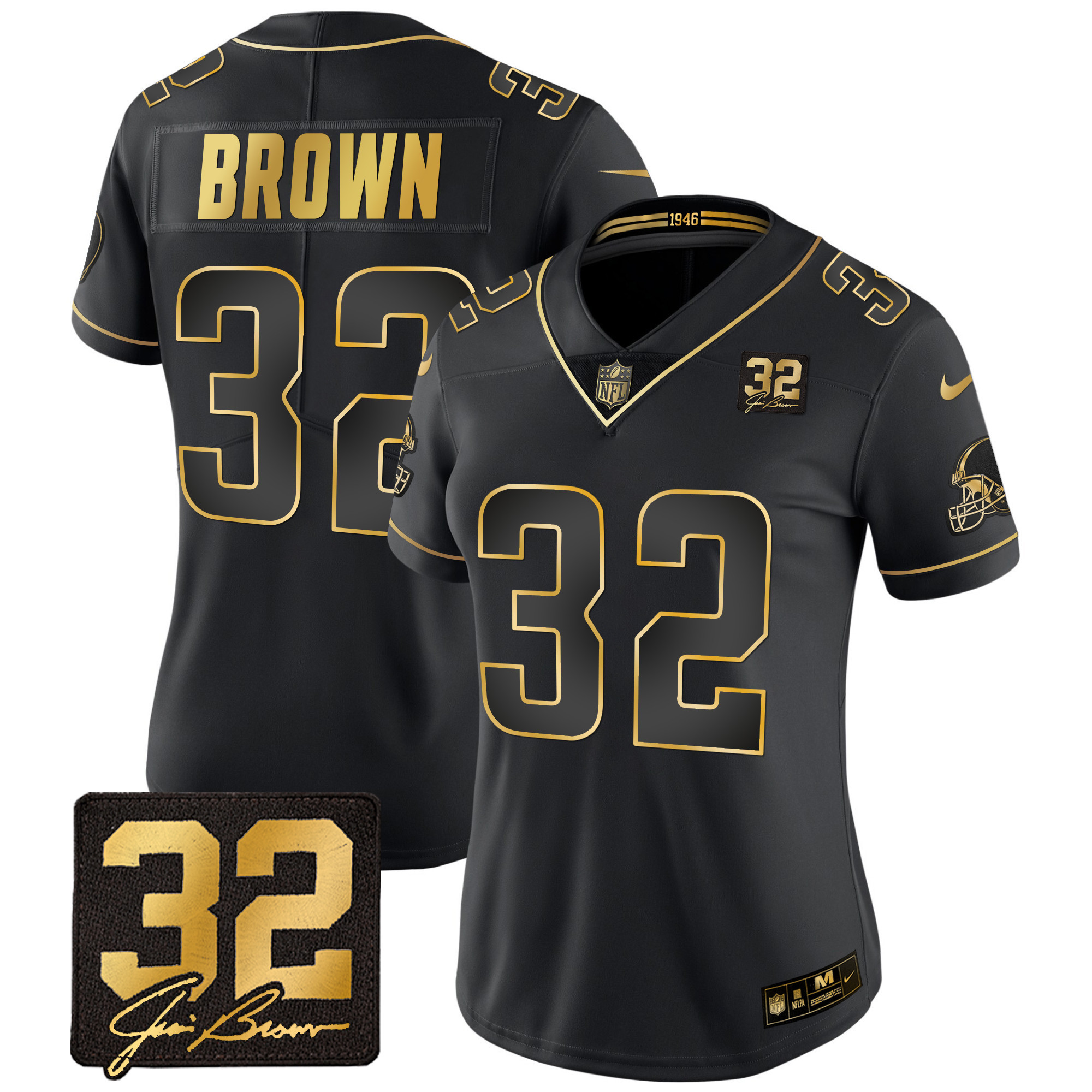 Jim Brown Women's Cleveland Browns #32 Jim Brown Memorial Patch Gold Black Gold Jersey - All Stitched