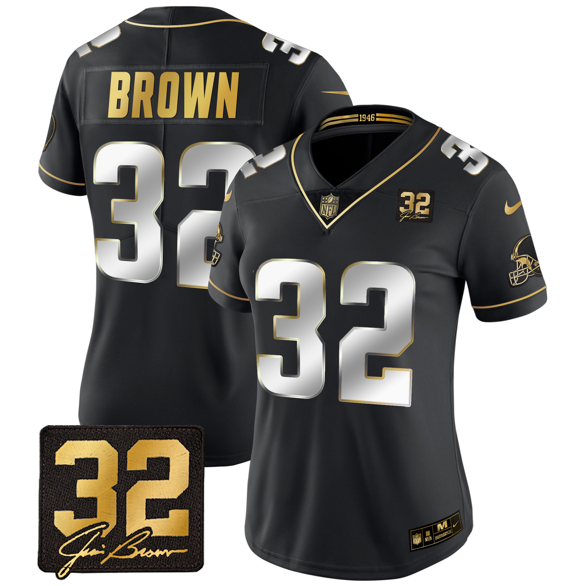 Jim Brown Women's Cleveland Browns #32 Jim Brown Memorial Patch Gold Black Limited Jersey - All Stitched