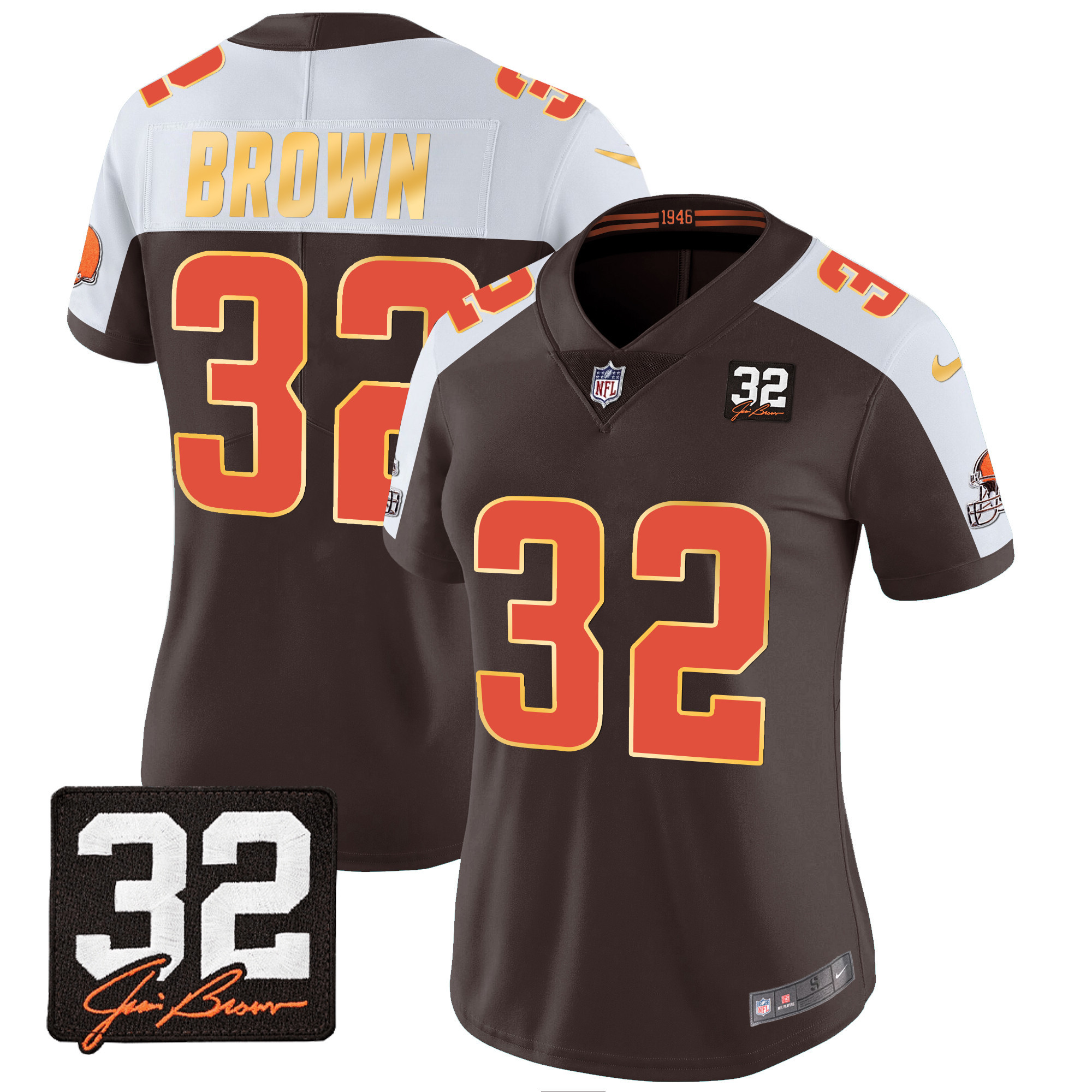 Jim Brown Women's Cleveland Browns #32 Jim Brown Memorial Patch Gold Trim Alternate Jersey - All Stitched
