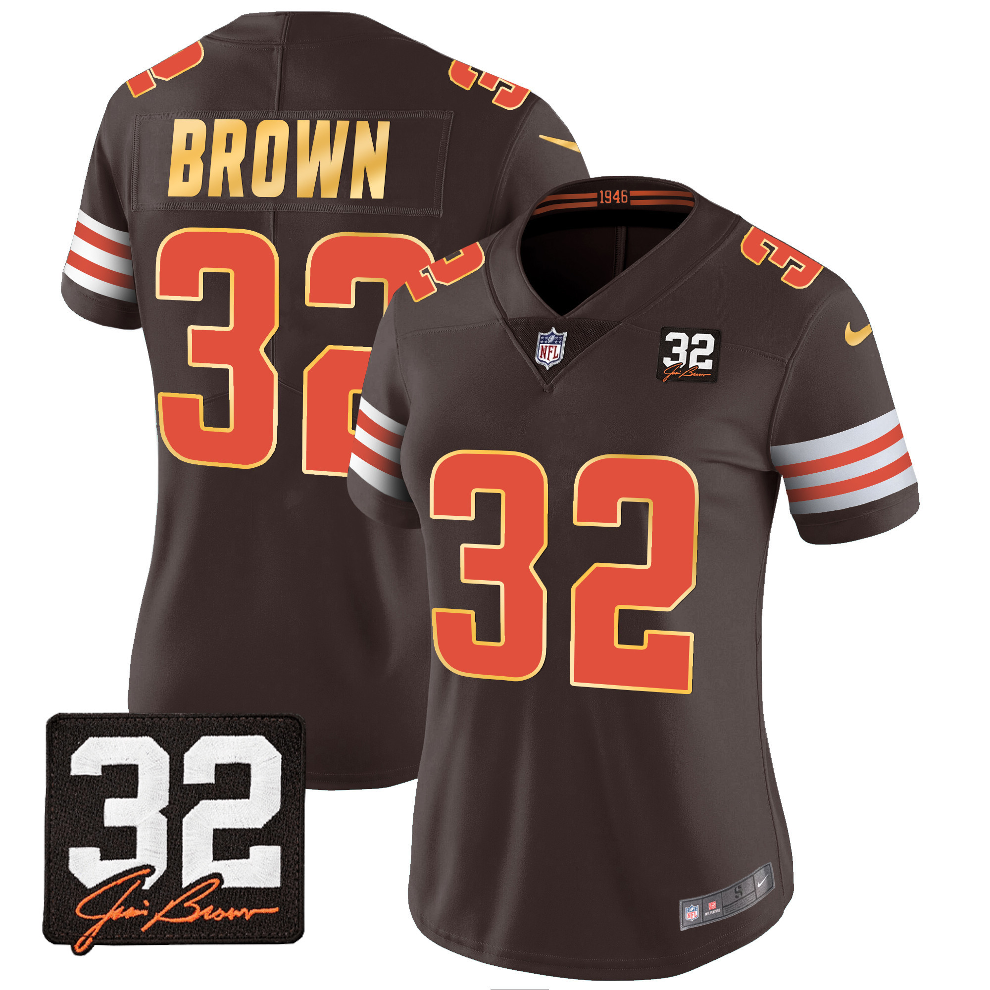 Jim Brown Women's Cleveland Browns #32 Jim Brown Memorial Patch Gold Trim Brown Jersey - All Stitched