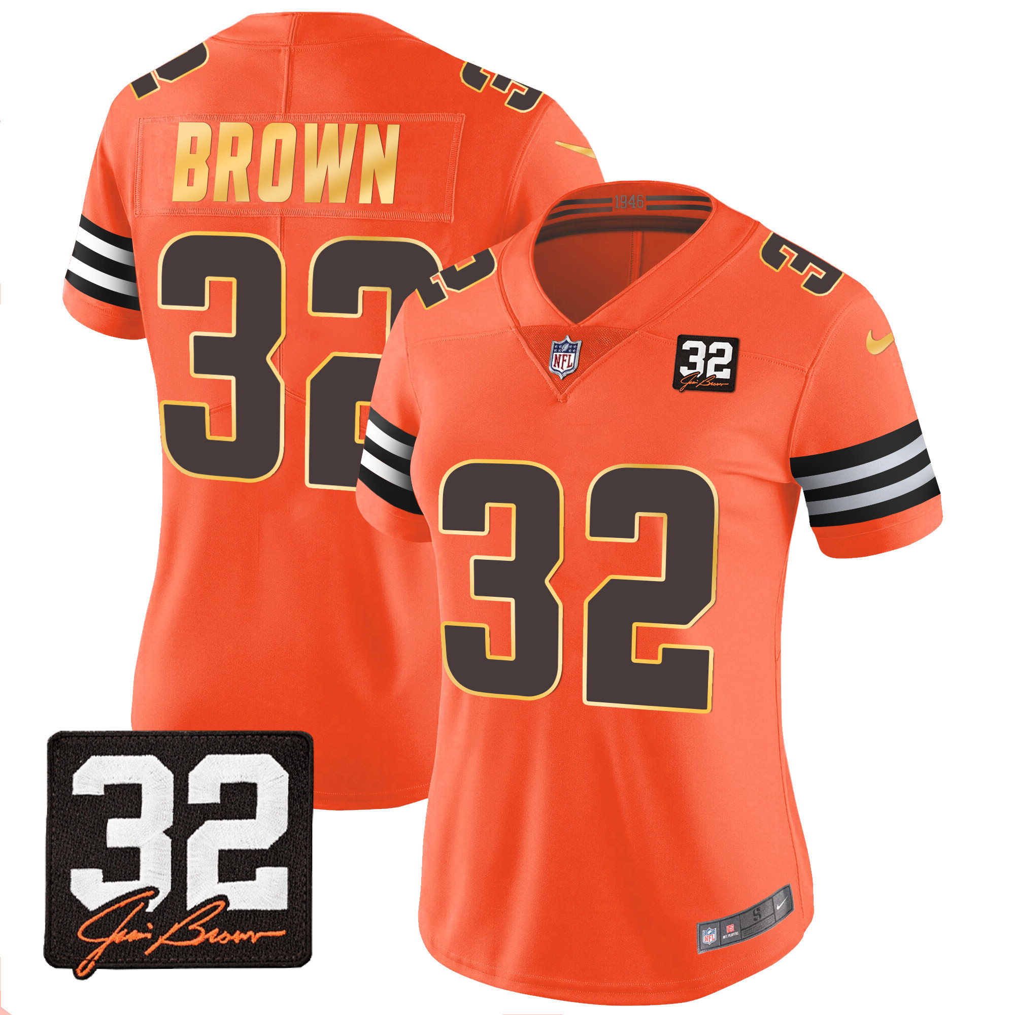 Jim Brown Women's Cleveland Browns #32 Jim Brown Memorial Patch Gold Trim Orange Jersey - All Stitched